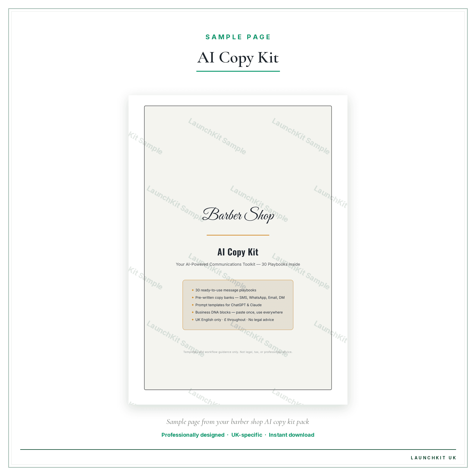 AI Copy Kit sample page from the Barber Shop AI Copy Kit pack — watermarked LaunchKit Sample