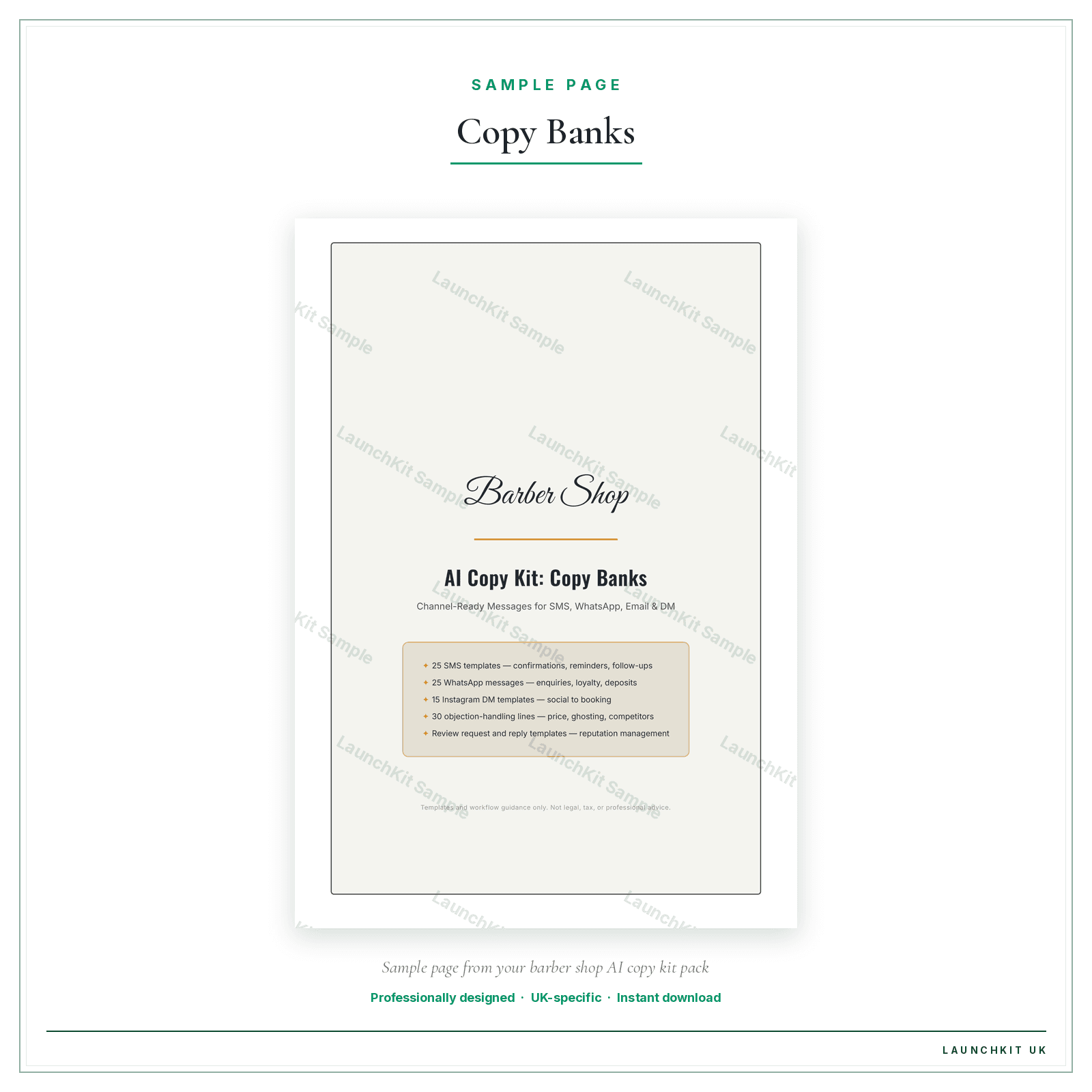Copy Banks sample page from the Barber Shop AI Copy Kit pack — watermarked LaunchKit Sample