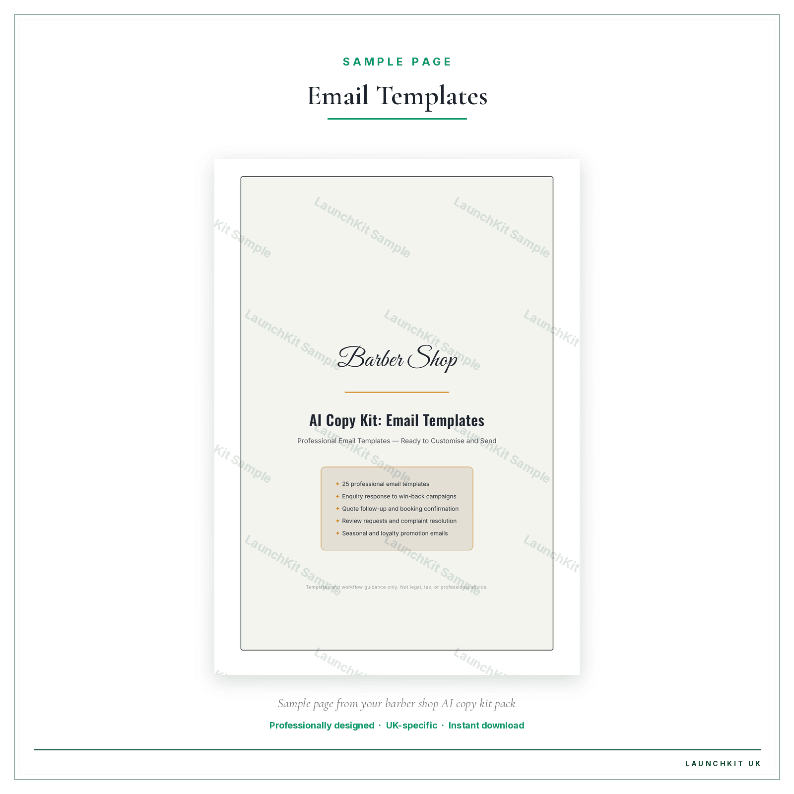 Email Templates sample page from the Barber Shop AI Copy Kit pack — watermarked LaunchKit Sample