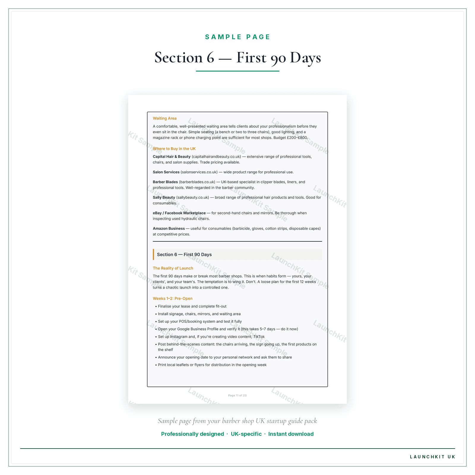 Section 6 — First 90 Days sample page from the Barber Shop Startup Guide pack — watermarked LaunchKit Sample