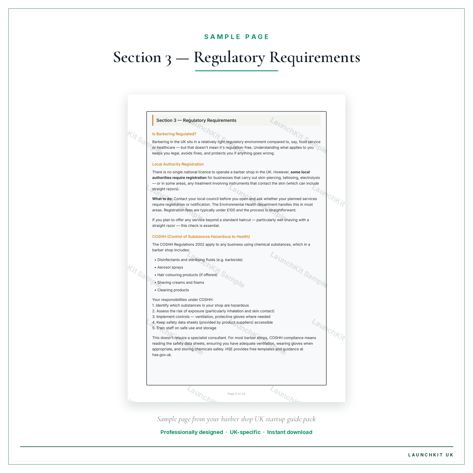 Section 3 — Regulatory Requirements sample page from the Barber Shop Startup Guide pack — watermarked LaunchKit Sample