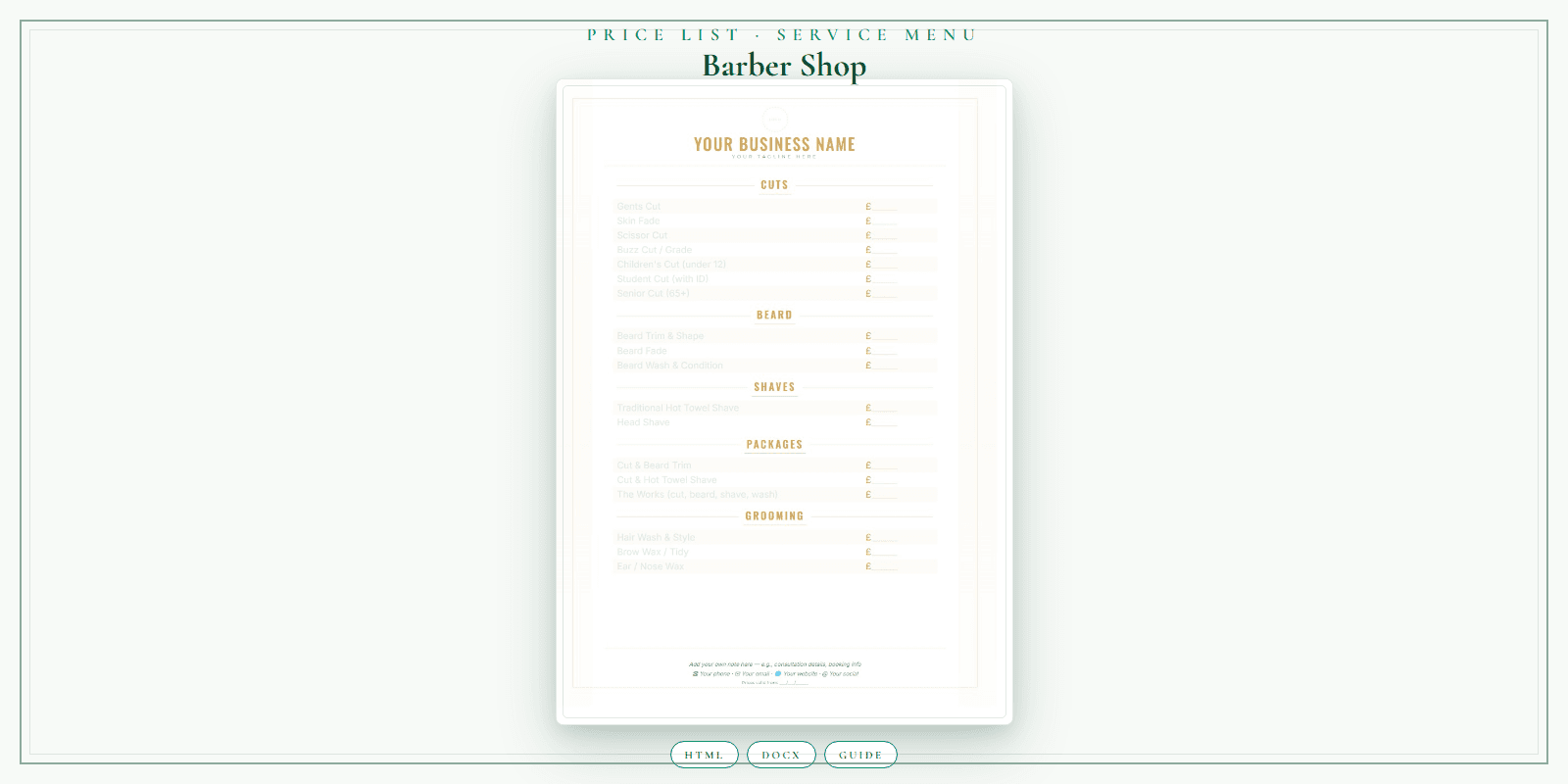 Barber Shop — Price List & Service Menu, PDF product overview