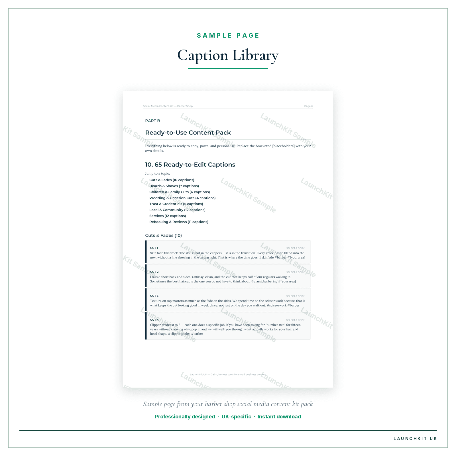 Caption Library sample page from the Barber Shop Social Media Content Kit pack — watermarked LaunchKit Sample