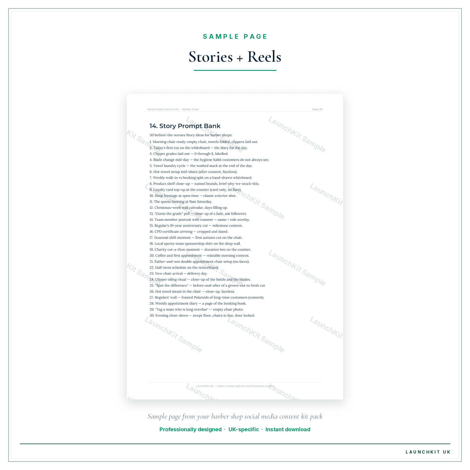 Stories + Reels sample page from the Barber Shop Social Media Content Kit pack — watermarked LaunchKit Sample