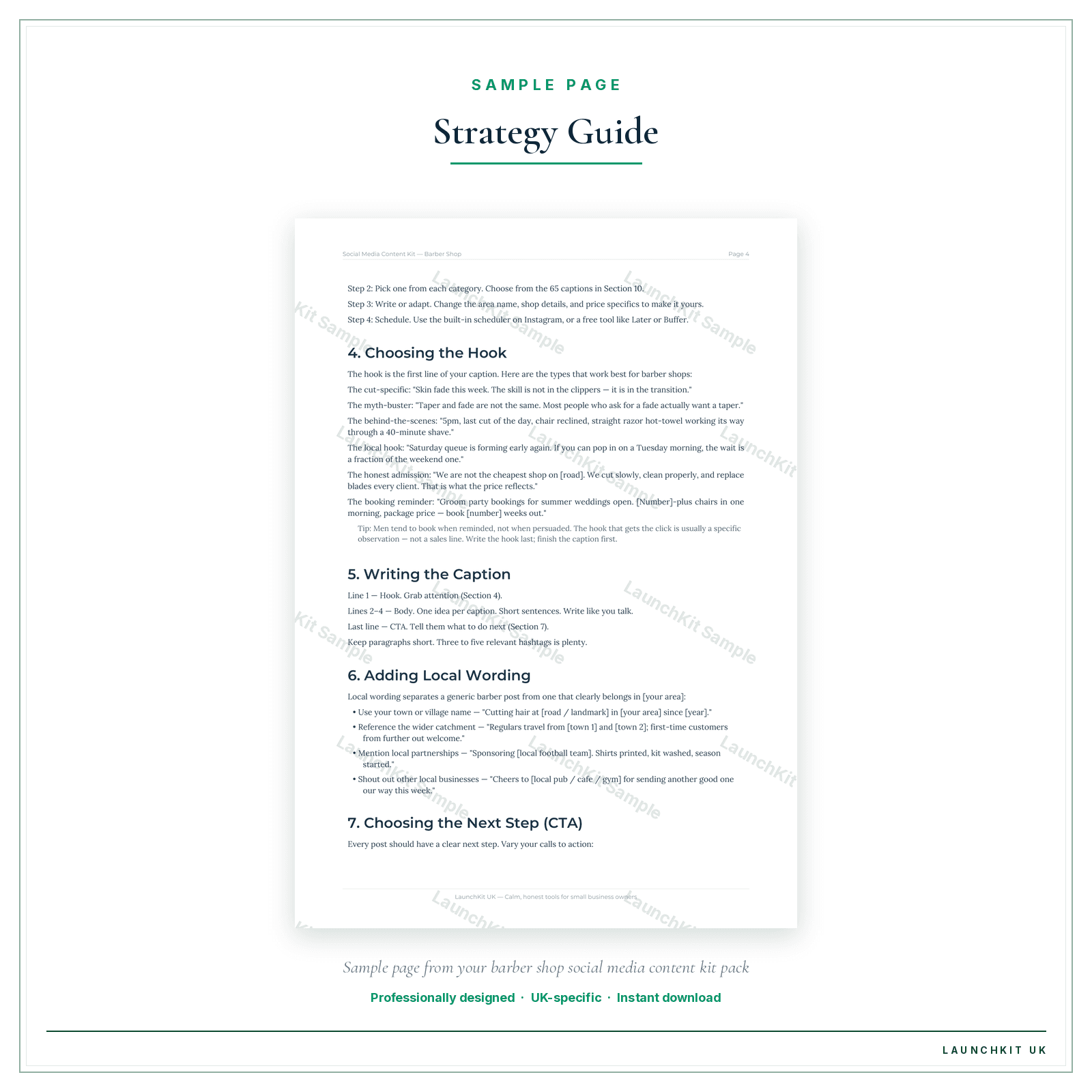 Strategy Guide sample page from the Barber Shop Social Media Content Kit pack — watermarked LaunchKit Sample