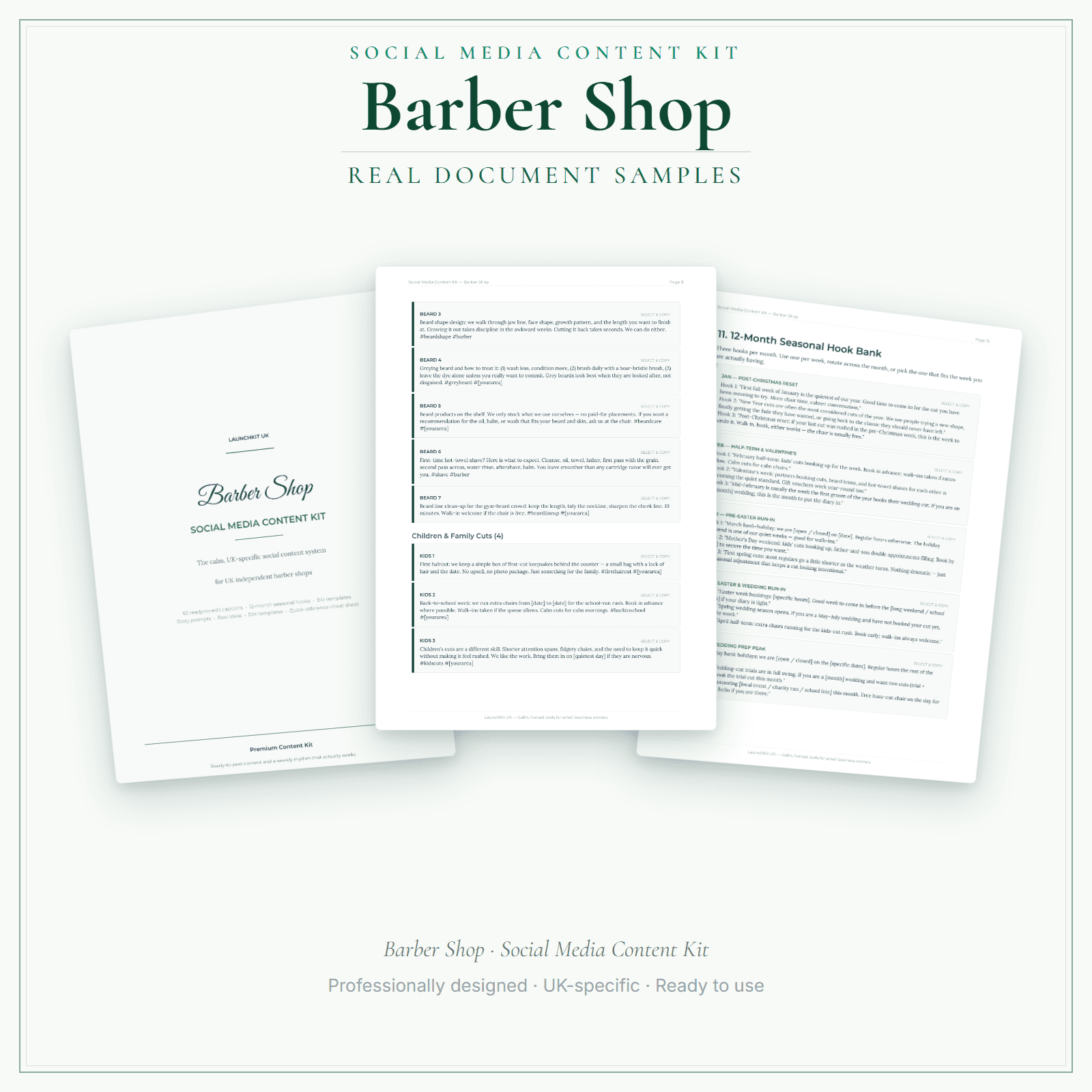 Social Media Content Kit — sample document pages