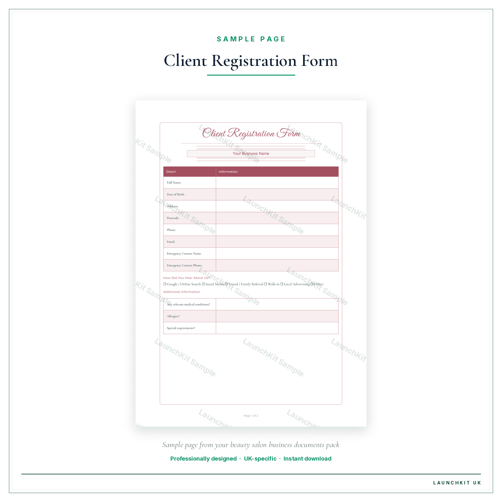 Client Registration Form sample page from the Beauty Salon Business Documents — Premium pack — watermarked LaunchKit Sample