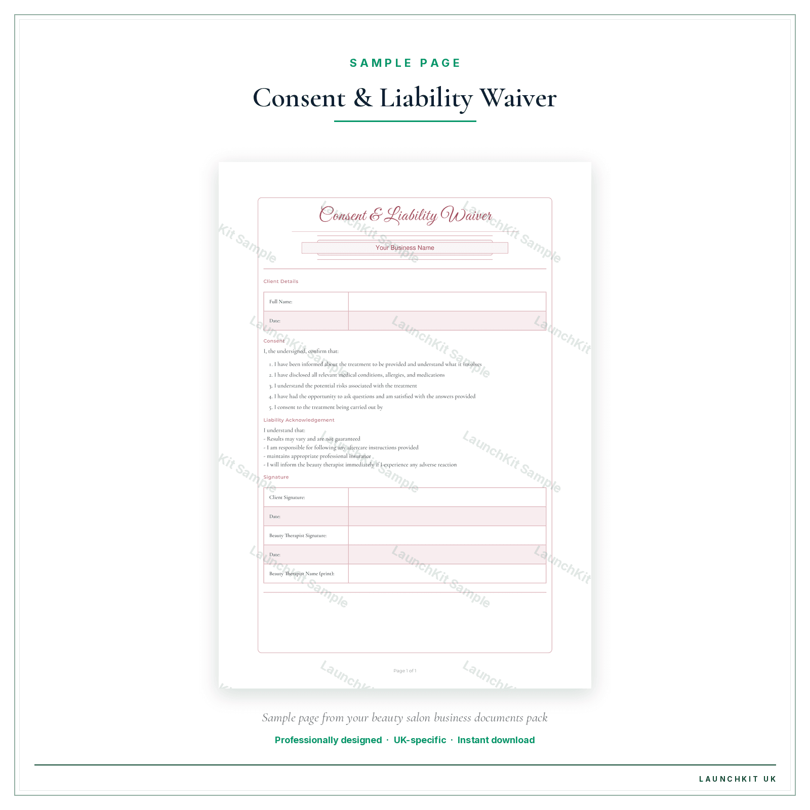 Consent & Liability Waiver sample page from the Beauty Salon Business Documents — Premium pack — watermarked LaunchKit Sample