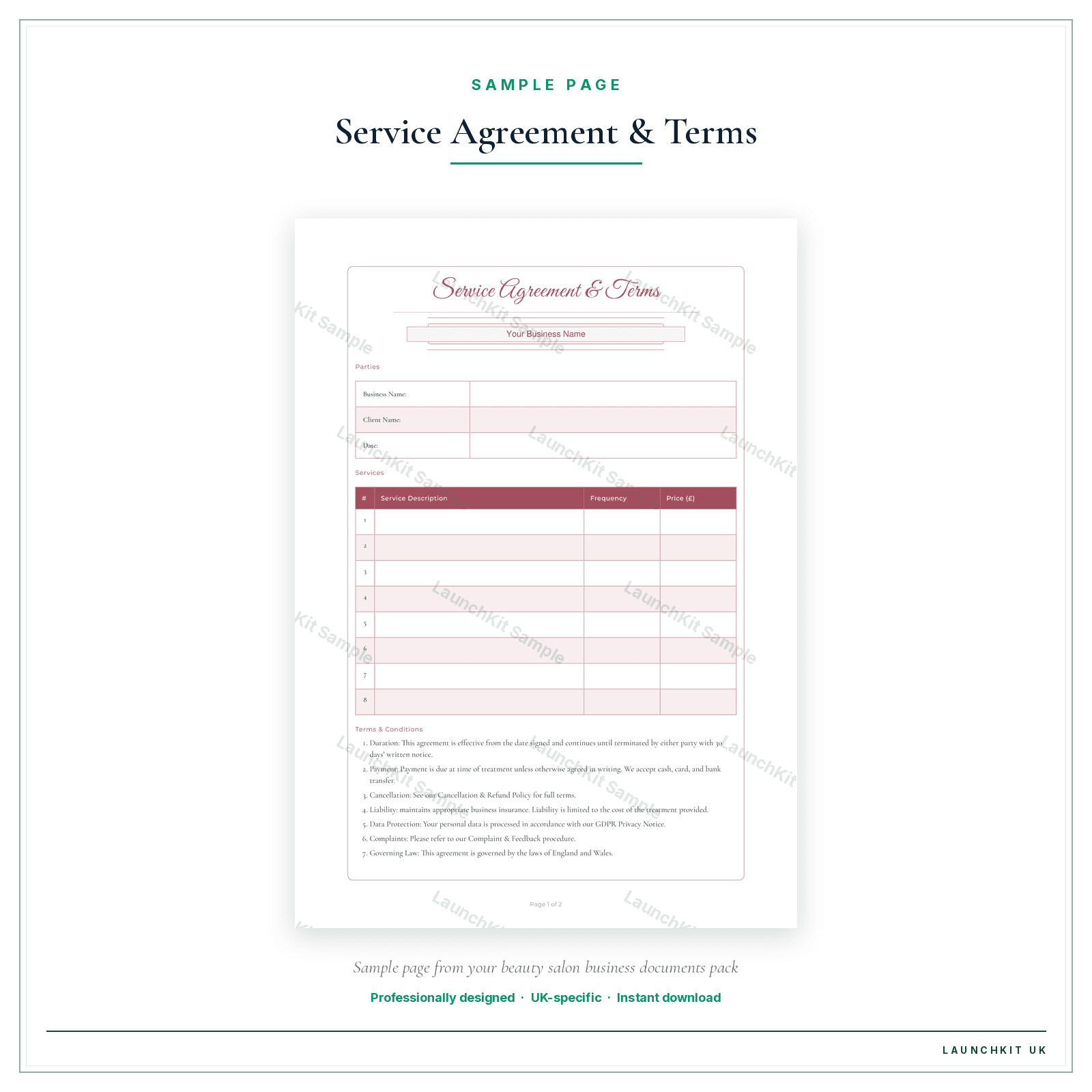 Service Agreement & Terms sample page from the Beauty Salon Business Documents — Premium pack — watermarked LaunchKit Sample