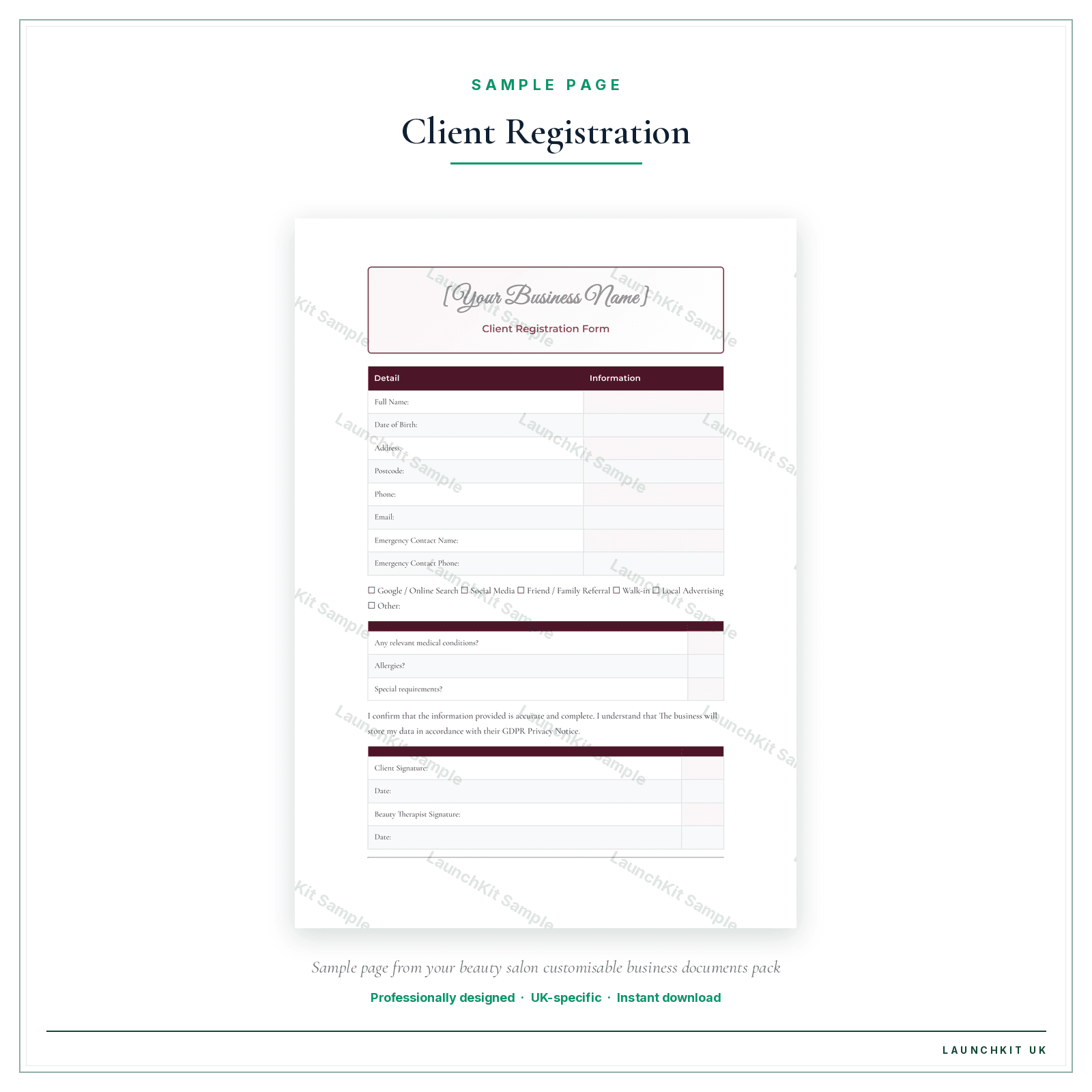 Client Registration Form sample page from the Beauty Salon Business Documents — Customisable pack — watermarked LaunchKit Sample