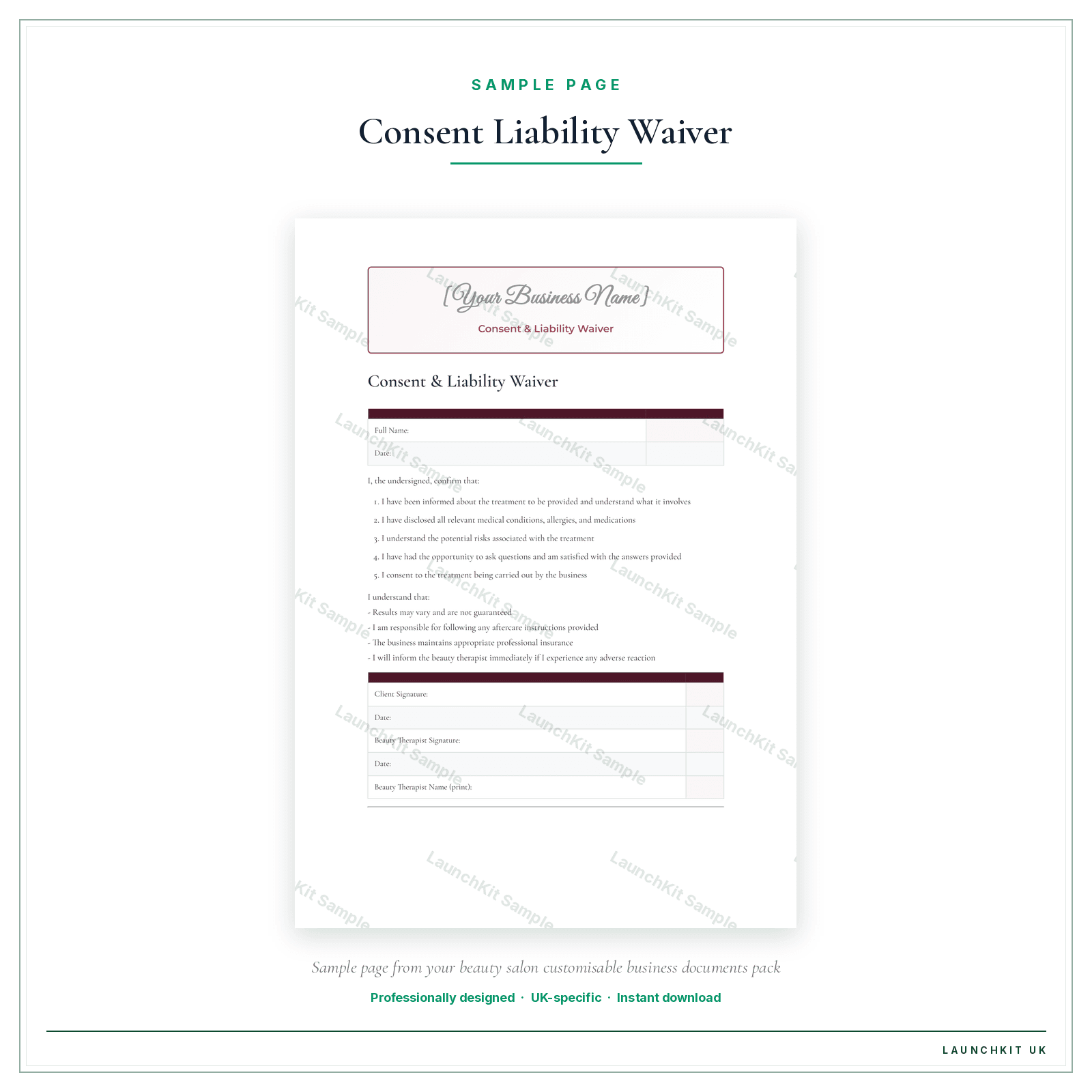 Consent & Liability Waiver sample page from the Beauty Salon Business Documents — Customisable pack — watermarked LaunchKit Sample