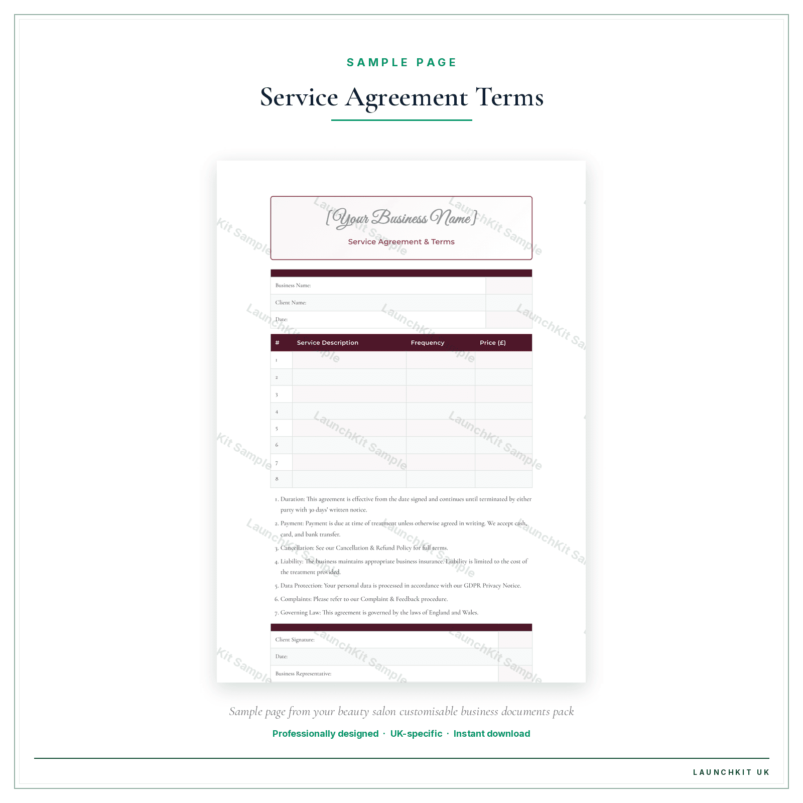 Service Agreement & Terms sample page from the Beauty Salon Business Documents — Customisable pack — watermarked LaunchKit Sample