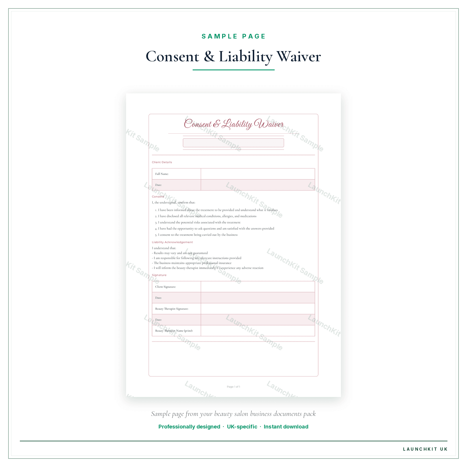 Consent & Liability Waiver sample page from the Beauty Salon Business Documents — Essential pack — watermarked LaunchKit Sample