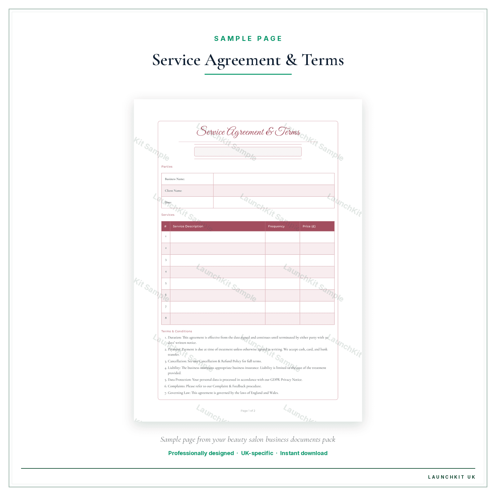 Service Agreement & Terms sample page from the Beauty Salon Business Documents — Essential pack — watermarked LaunchKit Sample