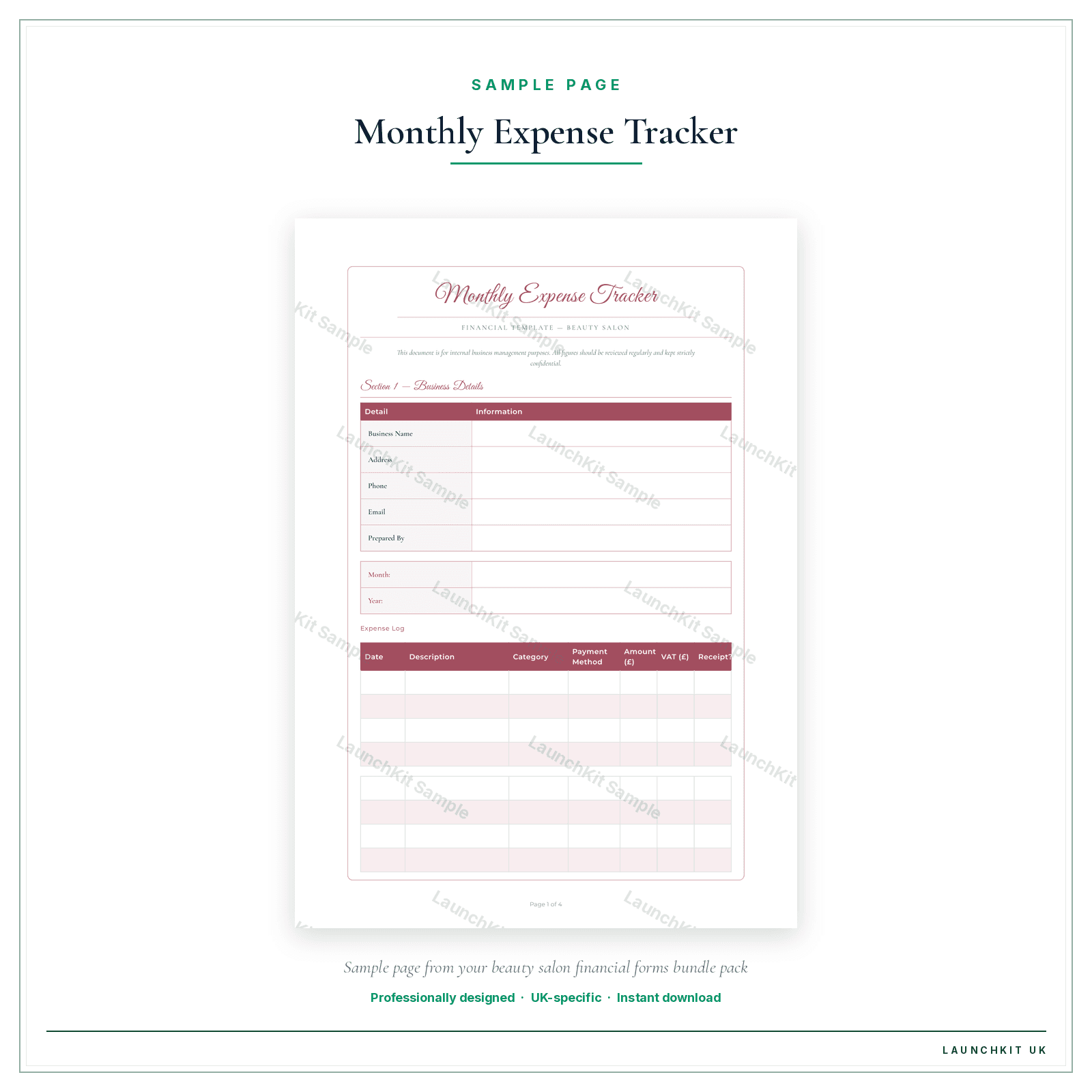 Monthly Expense Tracker sample page from the Beauty Salon Financial Forms Bundle — Premium pack — watermarked LaunchKit Sample