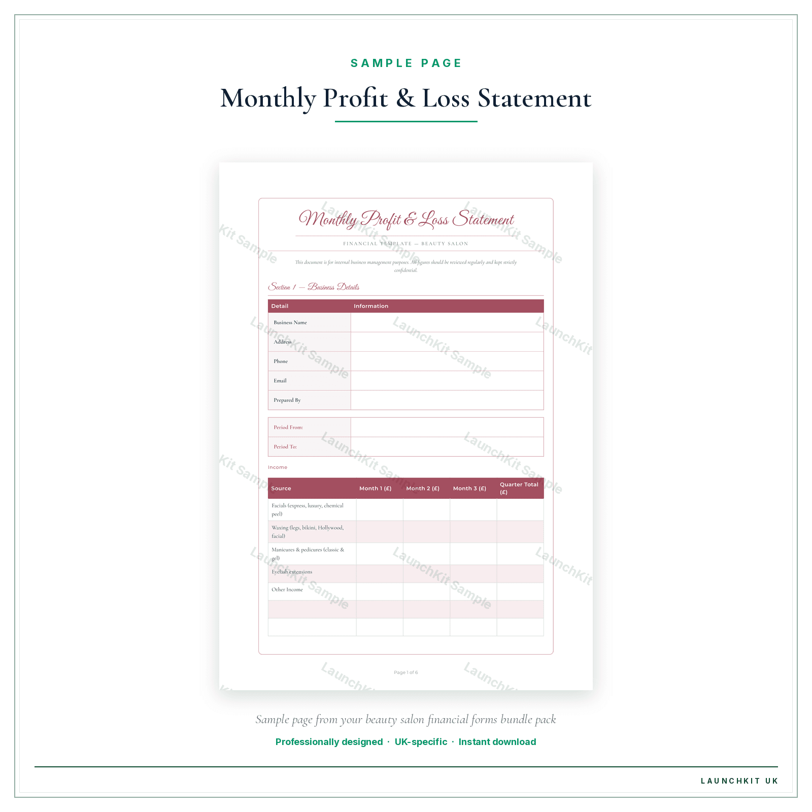 Monthly Profit & Loss Statement sample page from the Beauty Salon Financial Forms Bundle — Premium pack — watermarked LaunchKit Sample