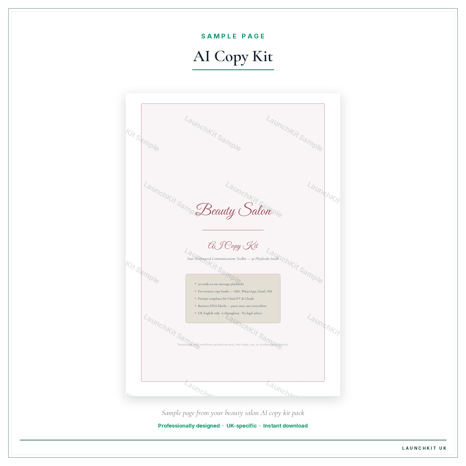 AI Copy Kit sample page from the Beauty Salon AI Copy Kit pack — watermarked LaunchKit Sample