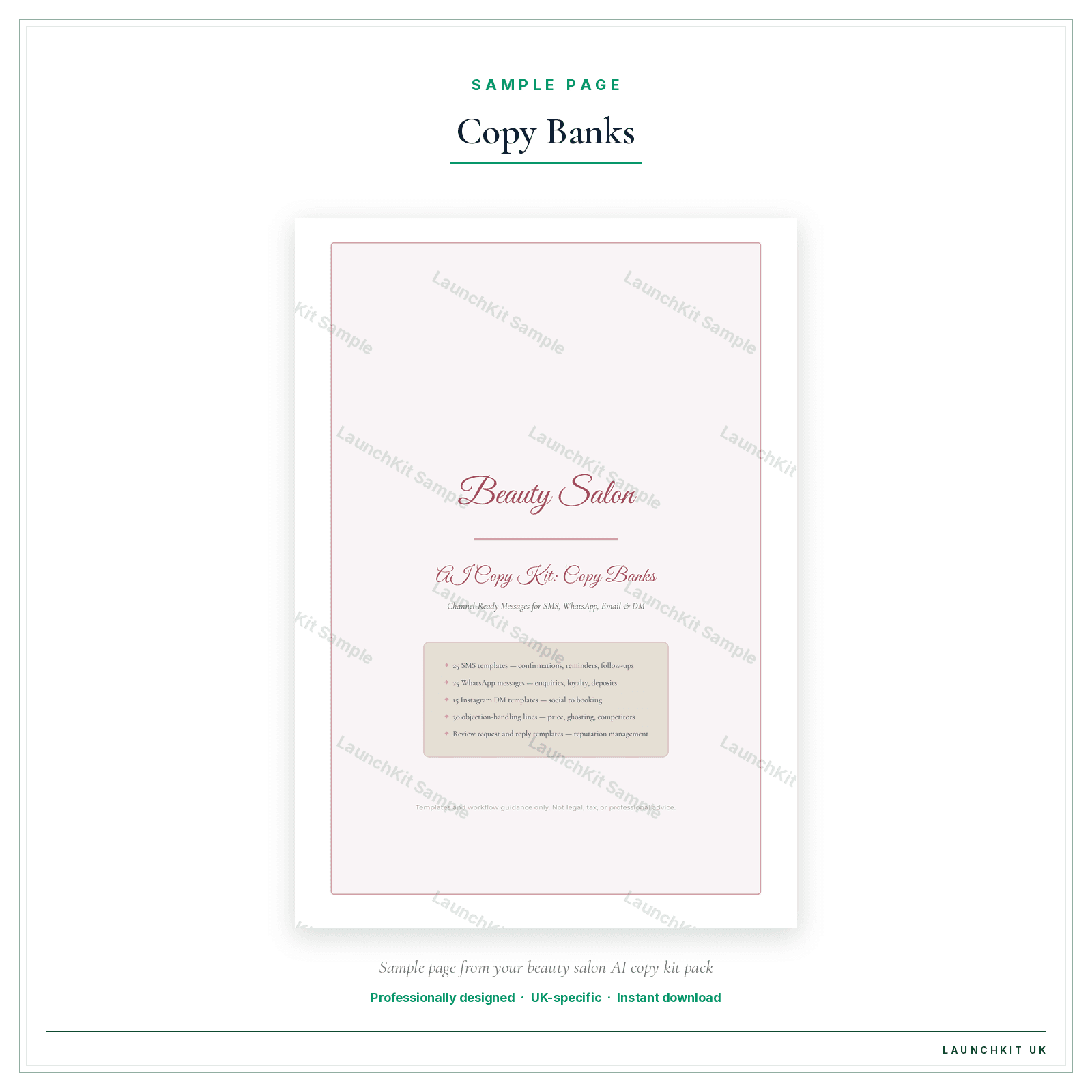 Copy Banks sample page from the Beauty Salon AI Copy Kit pack — watermarked LaunchKit Sample