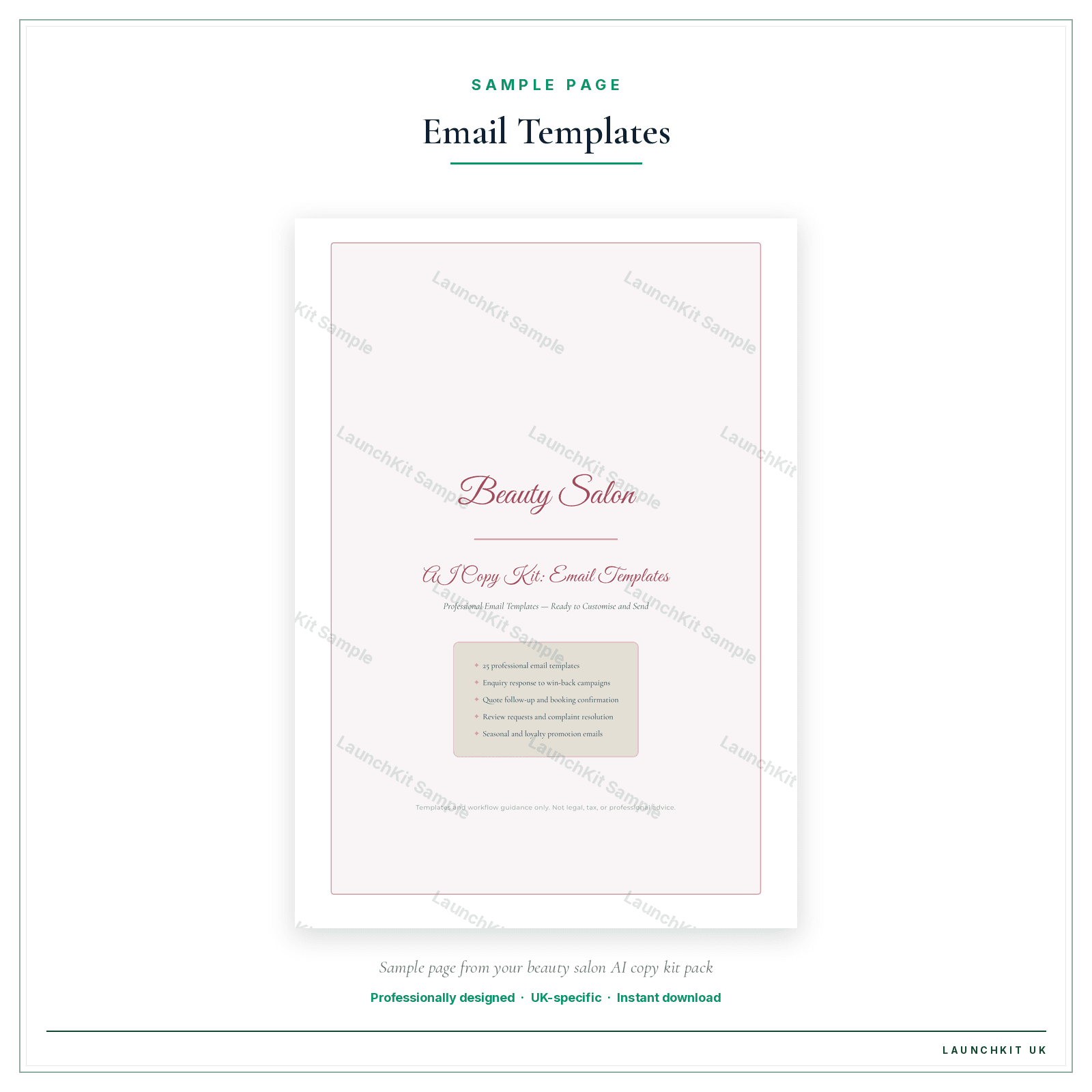 Email Templates sample page from the Beauty Salon AI Copy Kit pack — watermarked LaunchKit Sample
