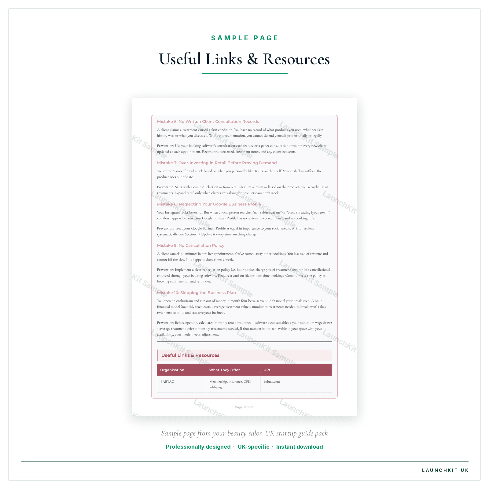 Useful Links & Resources sample page from the Beauty Salon Startup Guide pack — watermarked LaunchKit Sample