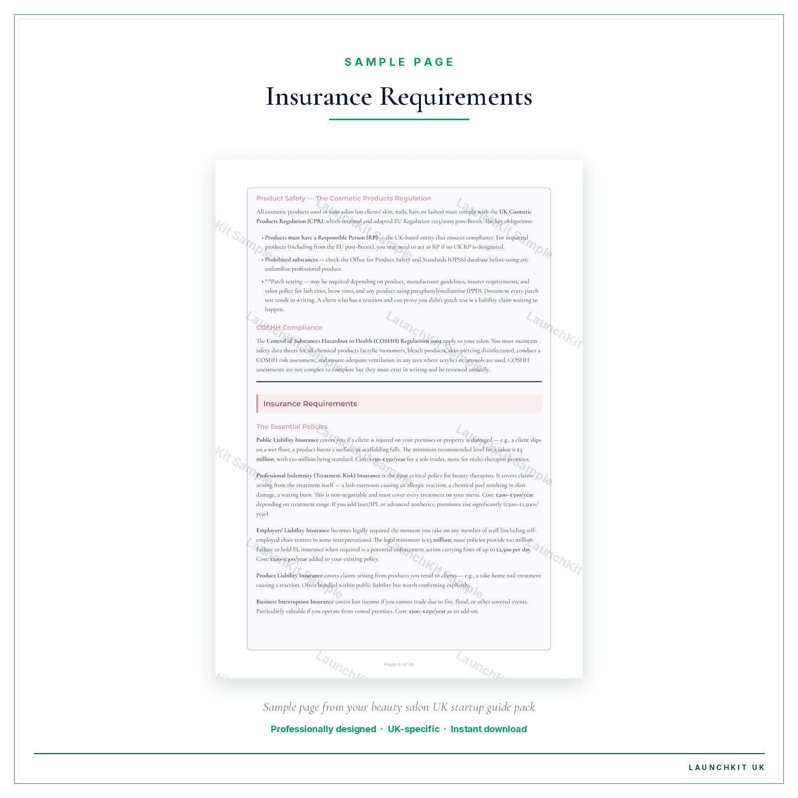 Insurance Requirements sample page from the Beauty Salon Startup Guide pack — watermarked LaunchKit Sample