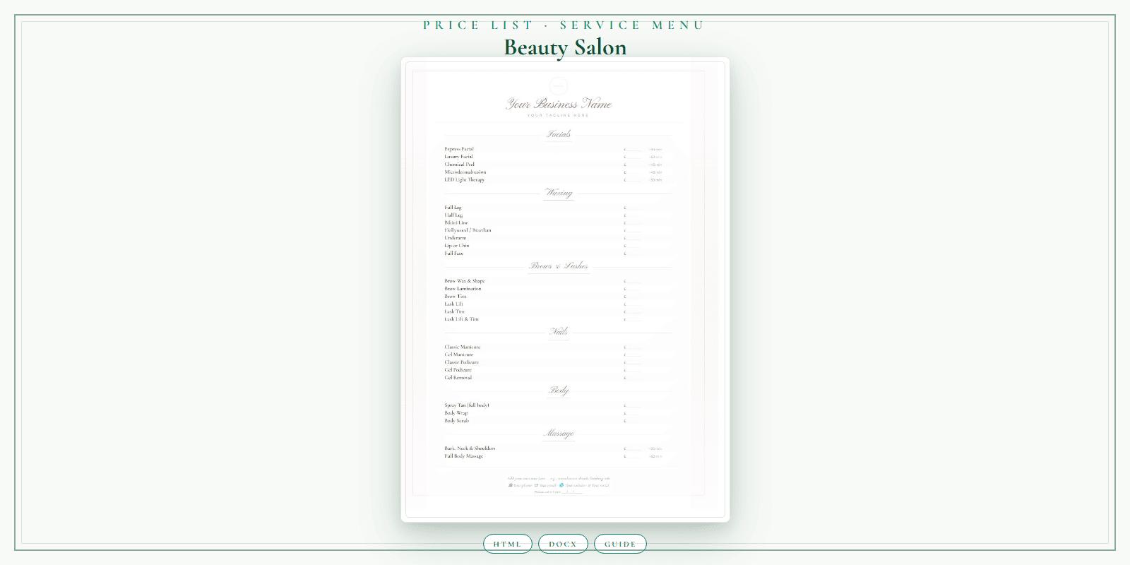 Beauty Salon — Price List & Service Menu, PDF product overview