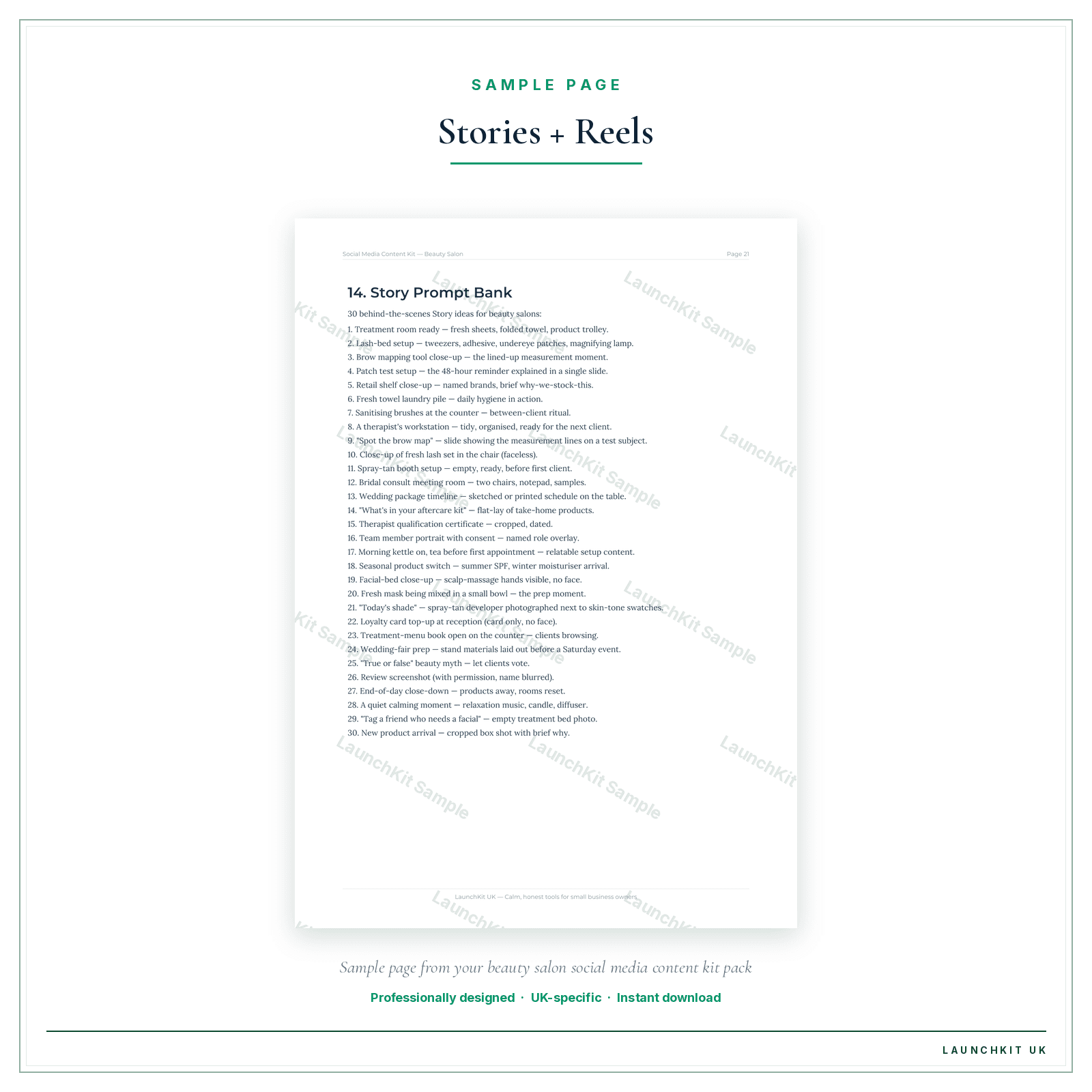 Stories + Reels sample page from the Beauty Salon Social Media Content Kit pack — watermarked LaunchKit Sample