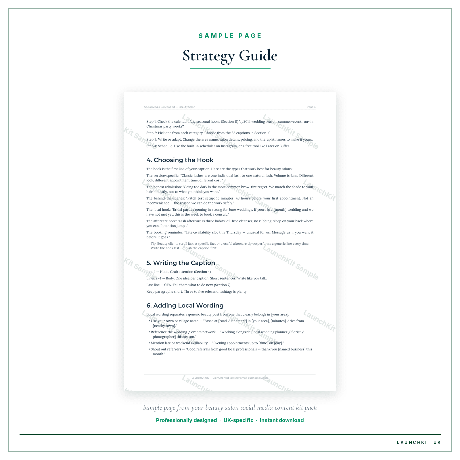 Strategy Guide sample page from the Beauty Salon Social Media Content Kit pack — watermarked LaunchKit Sample