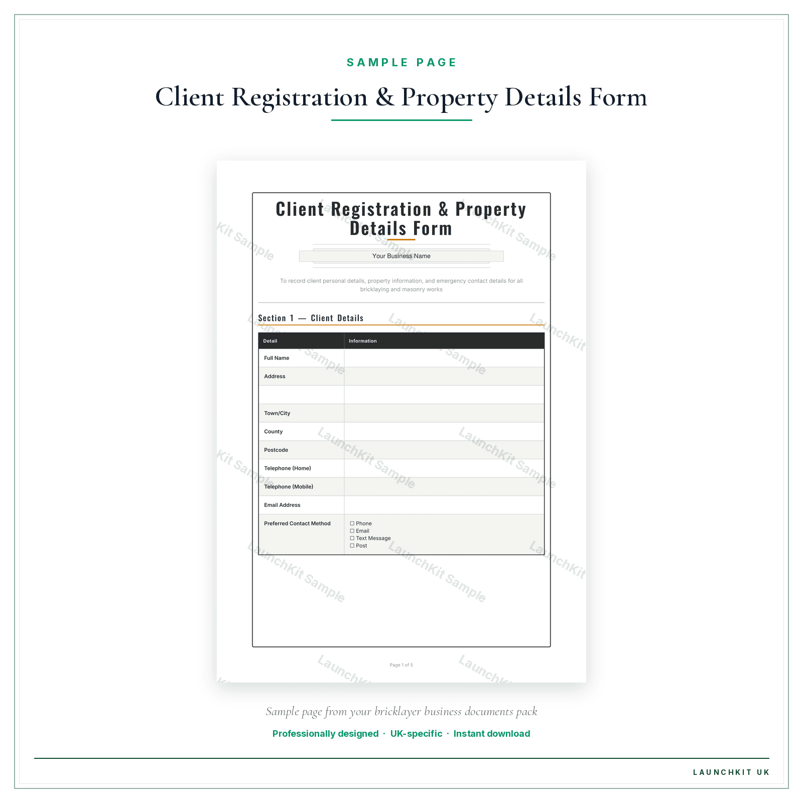 Client Registration & Property Details Form sample page from the Bricklayer Business Documents — Premium pack — watermarked LaunchKit Sample