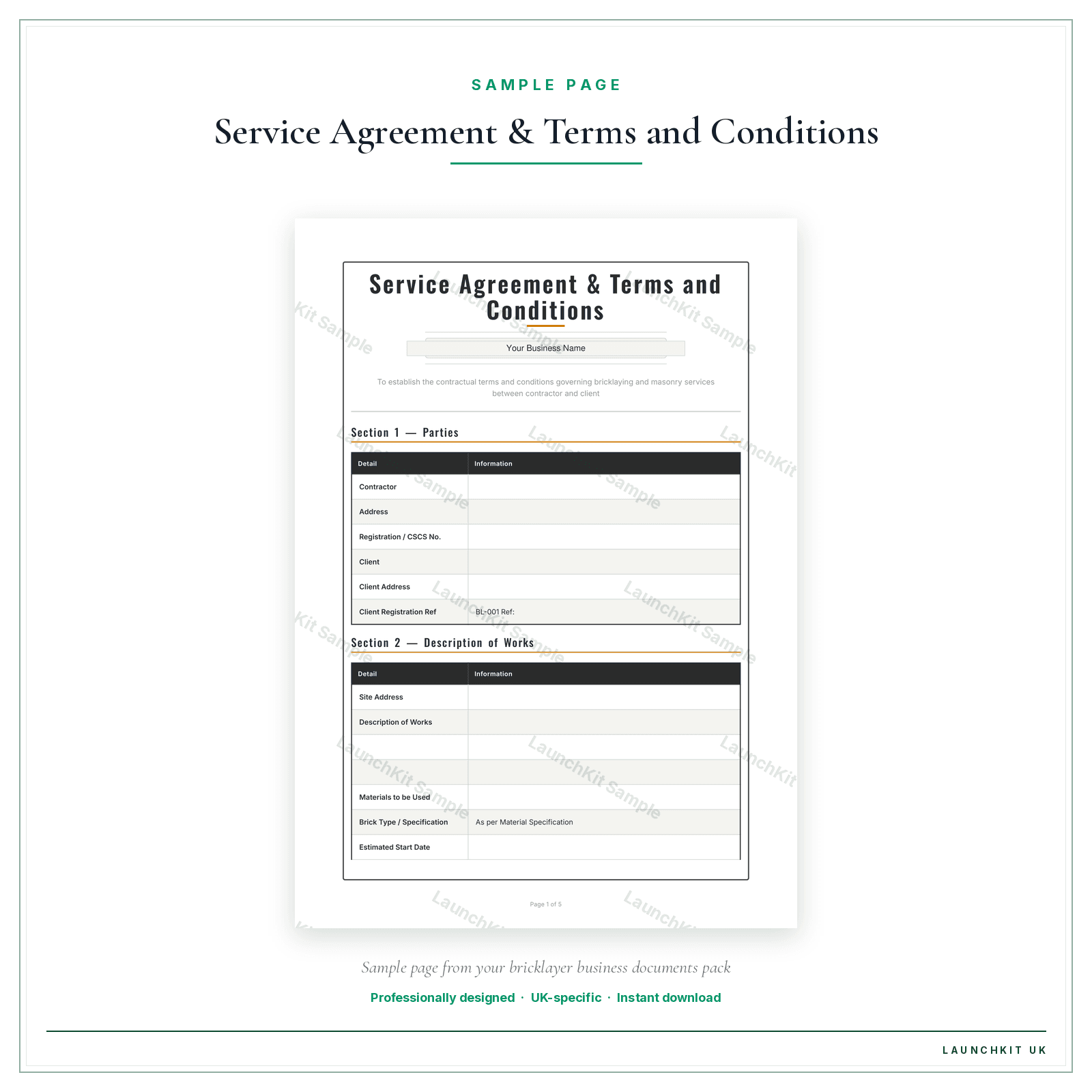 Service Agreement & Terms and Conditions sample page from the Bricklayer Business Documents — Premium pack — watermarked LaunchKit Sample