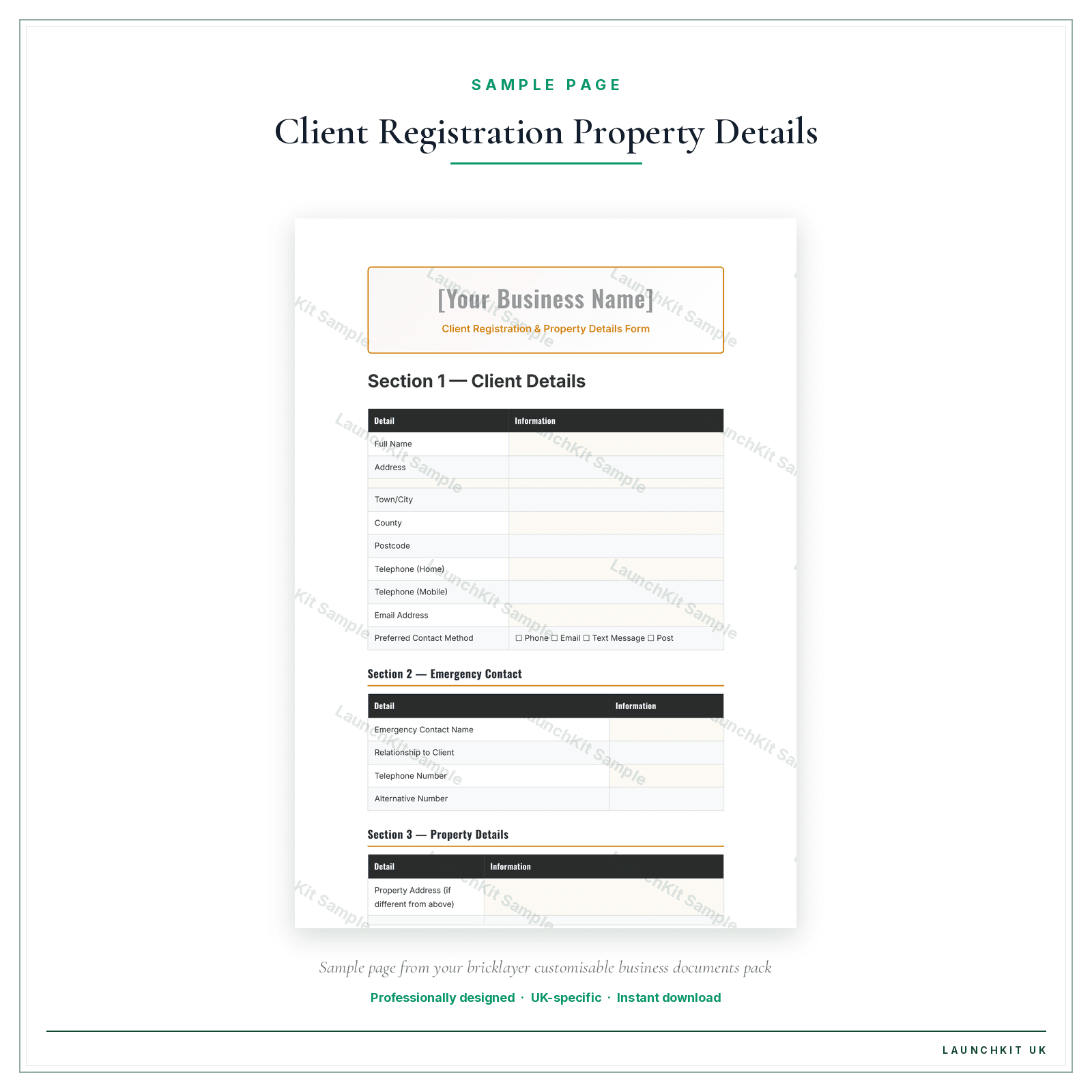 Client Registration & Property Details Form sample page from the Bricklayer Business Documents — Customisable pack — watermarked LaunchKit Sample