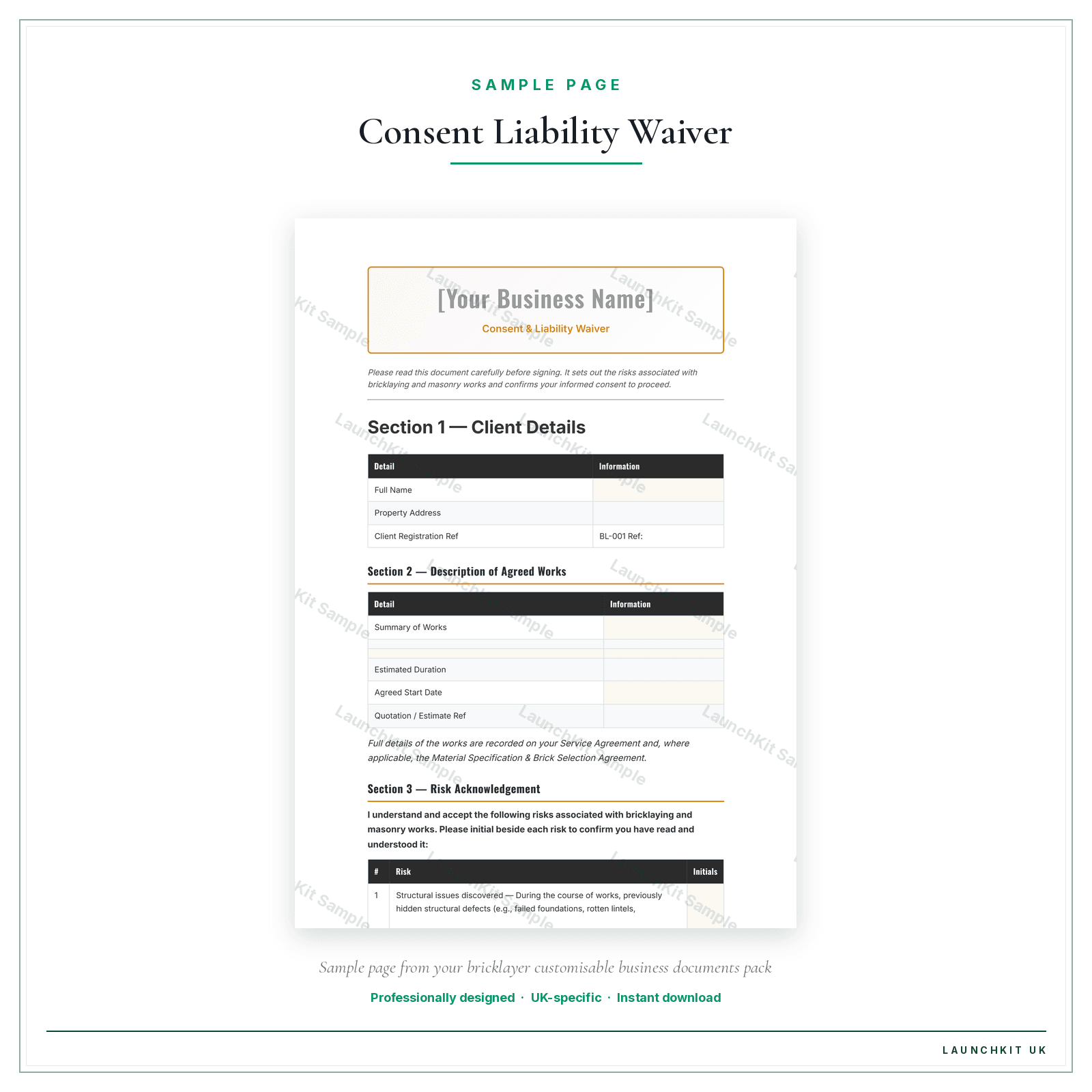 Consent & Liability Waiver sample page from the Bricklayer Business Documents — Customisable pack — watermarked LaunchKit Sample