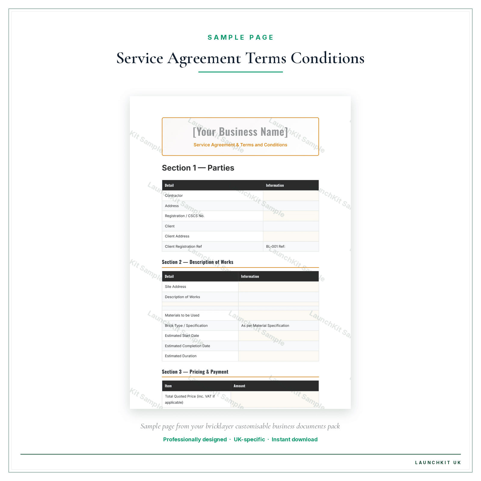 Service Agreement & Terms and Conditions sample page from the Bricklayer Business Documents — Customisable pack — watermarked LaunchKit Sample