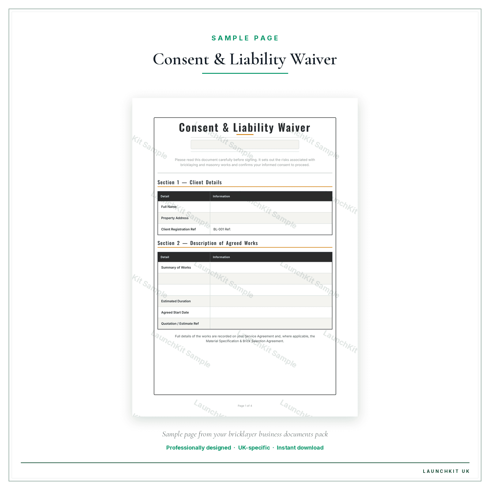 Consent & Liability Waiver sample page from the Bricklayer Business Documents — Essential pack — watermarked LaunchKit Sample