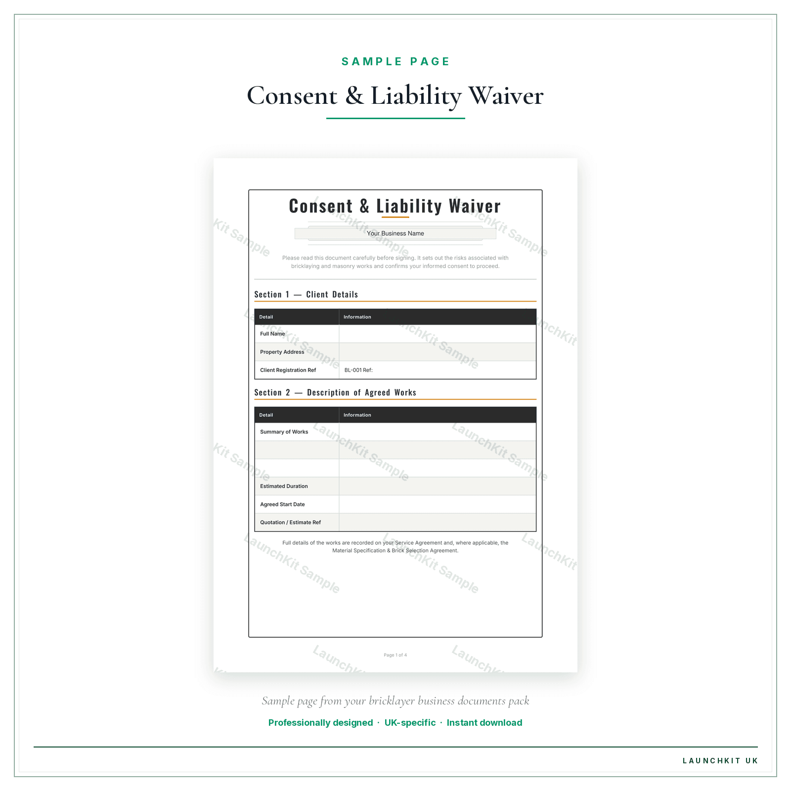 Consent & Liability Waiver sample page from the Bricklayer Business Documents — Standard pack — watermarked LaunchKit Sample