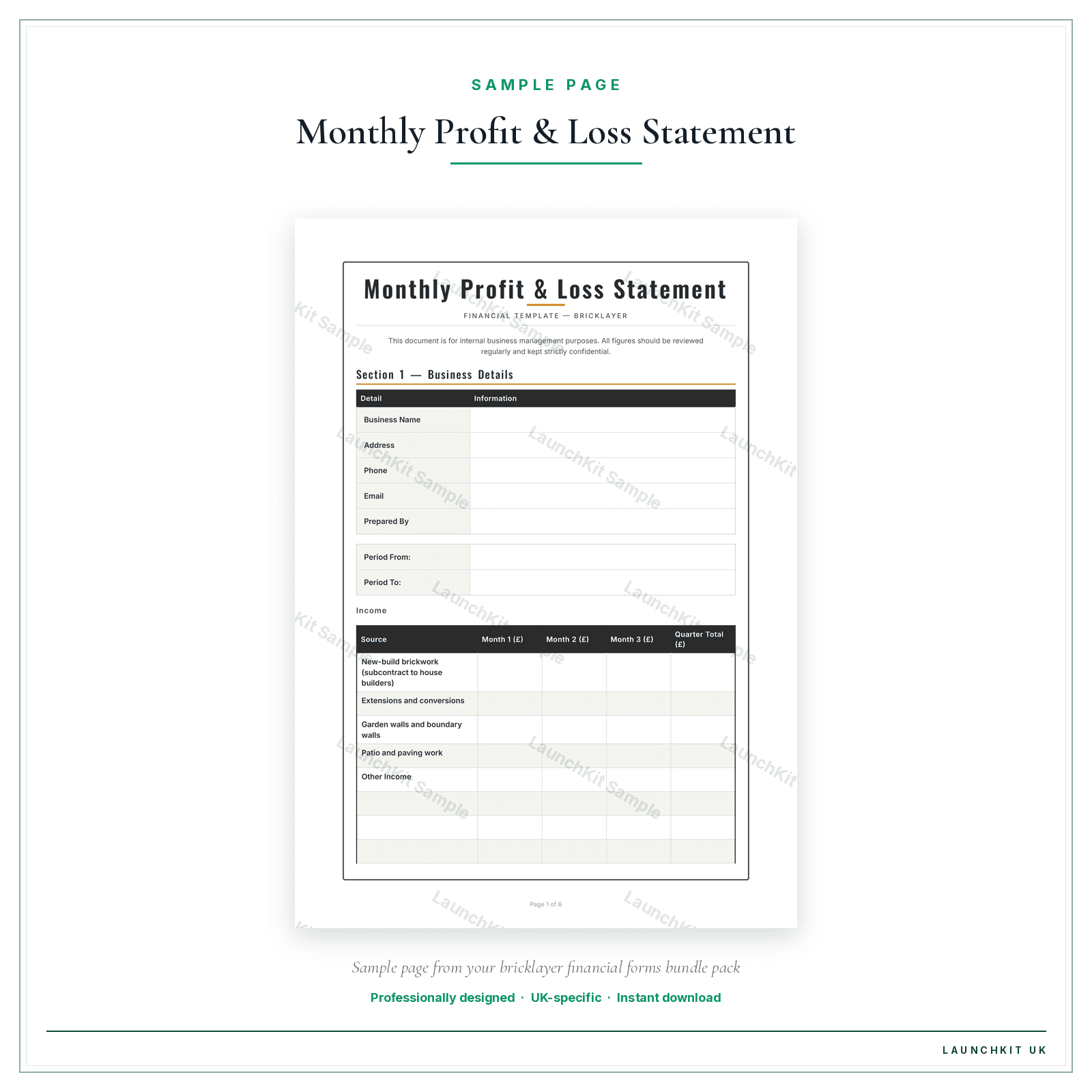 Monthly Profit & Loss Statement sample page from the Bricklayer Financial Forms Bundle — Premium pack — watermarked LaunchKit Sample