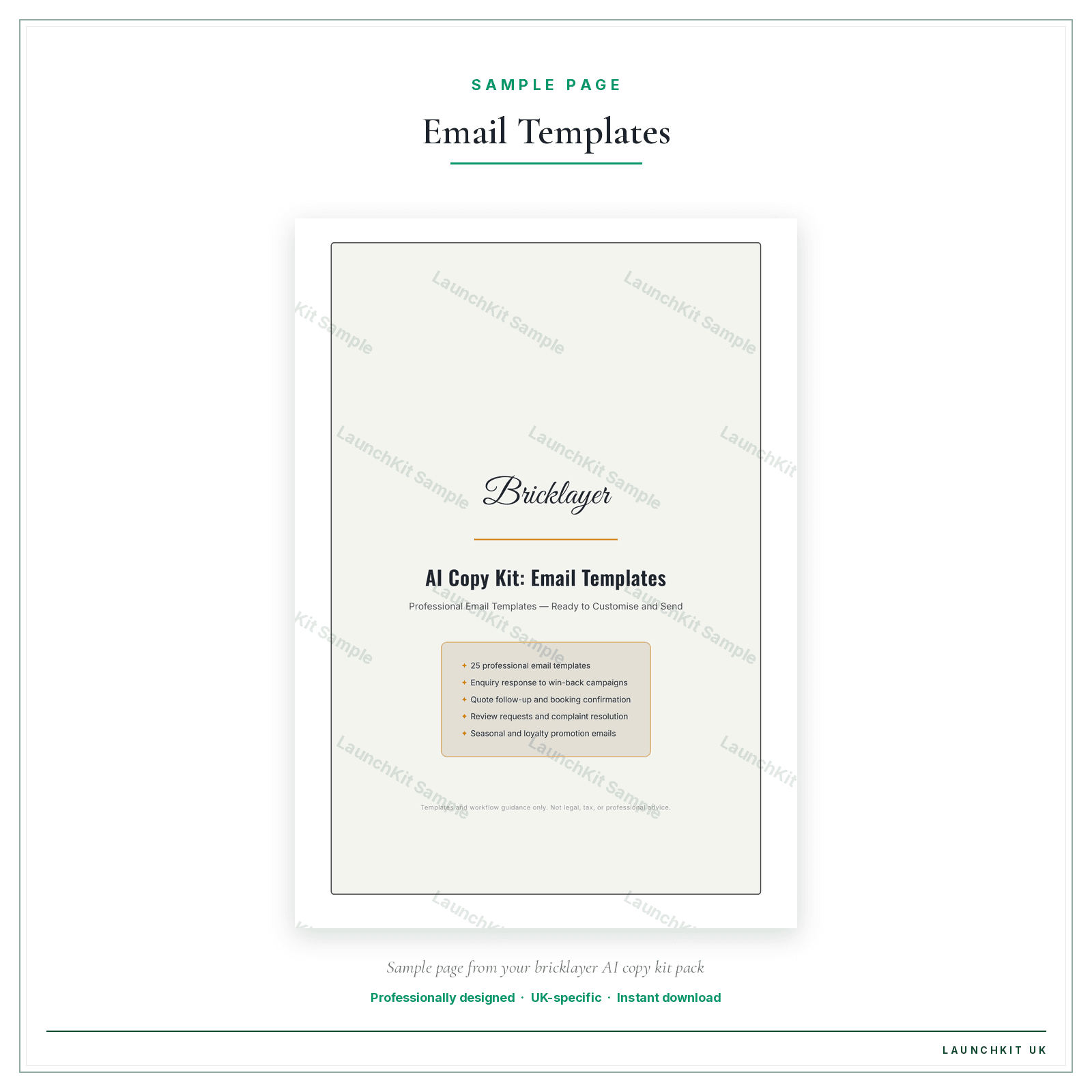 Email Templates sample page from the Bricklayer AI Copy Kit pack — watermarked LaunchKit Sample
