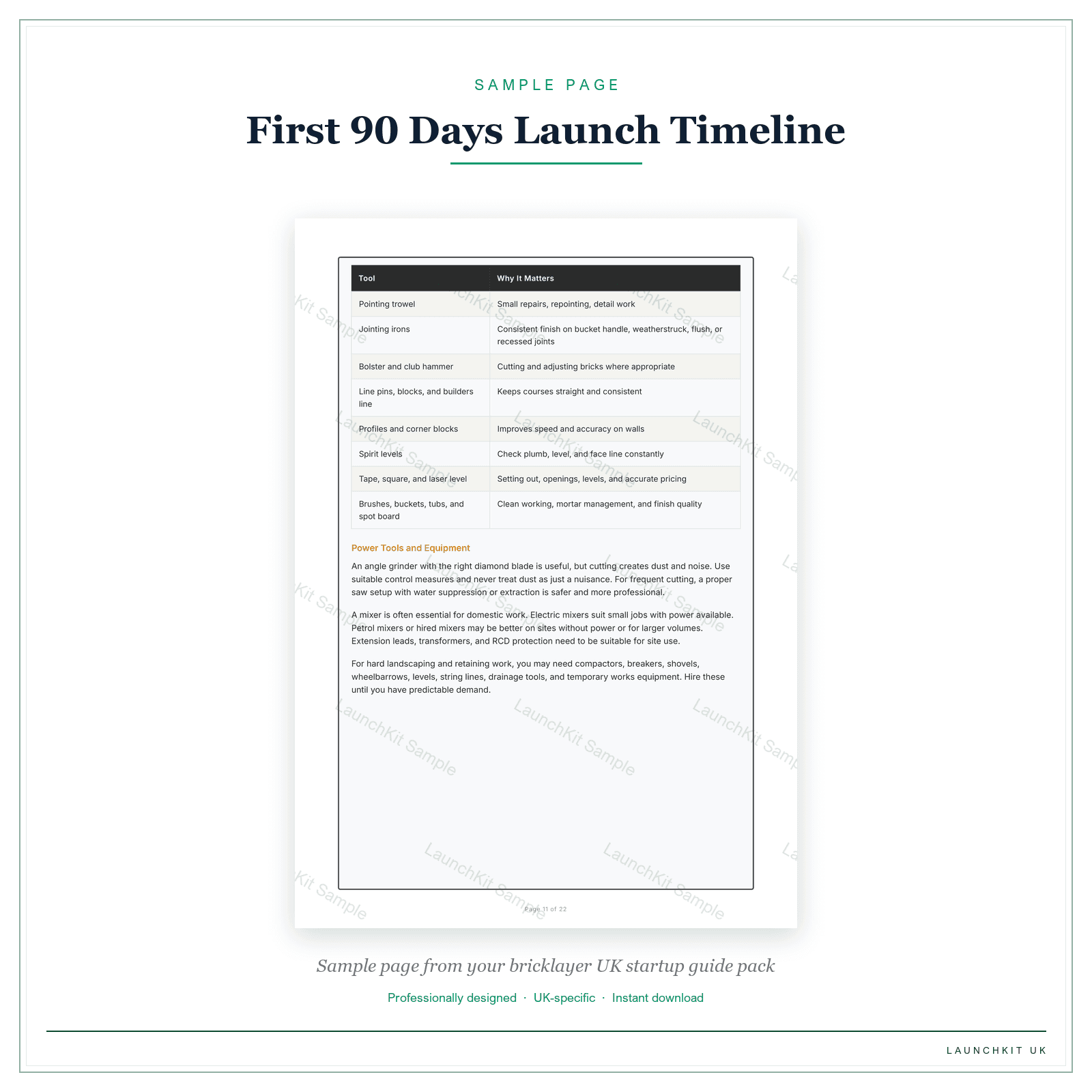 First 90 Days Launch Timeline sample page from the Bricklayer Startup Guide pack — watermarked LaunchKit Sample