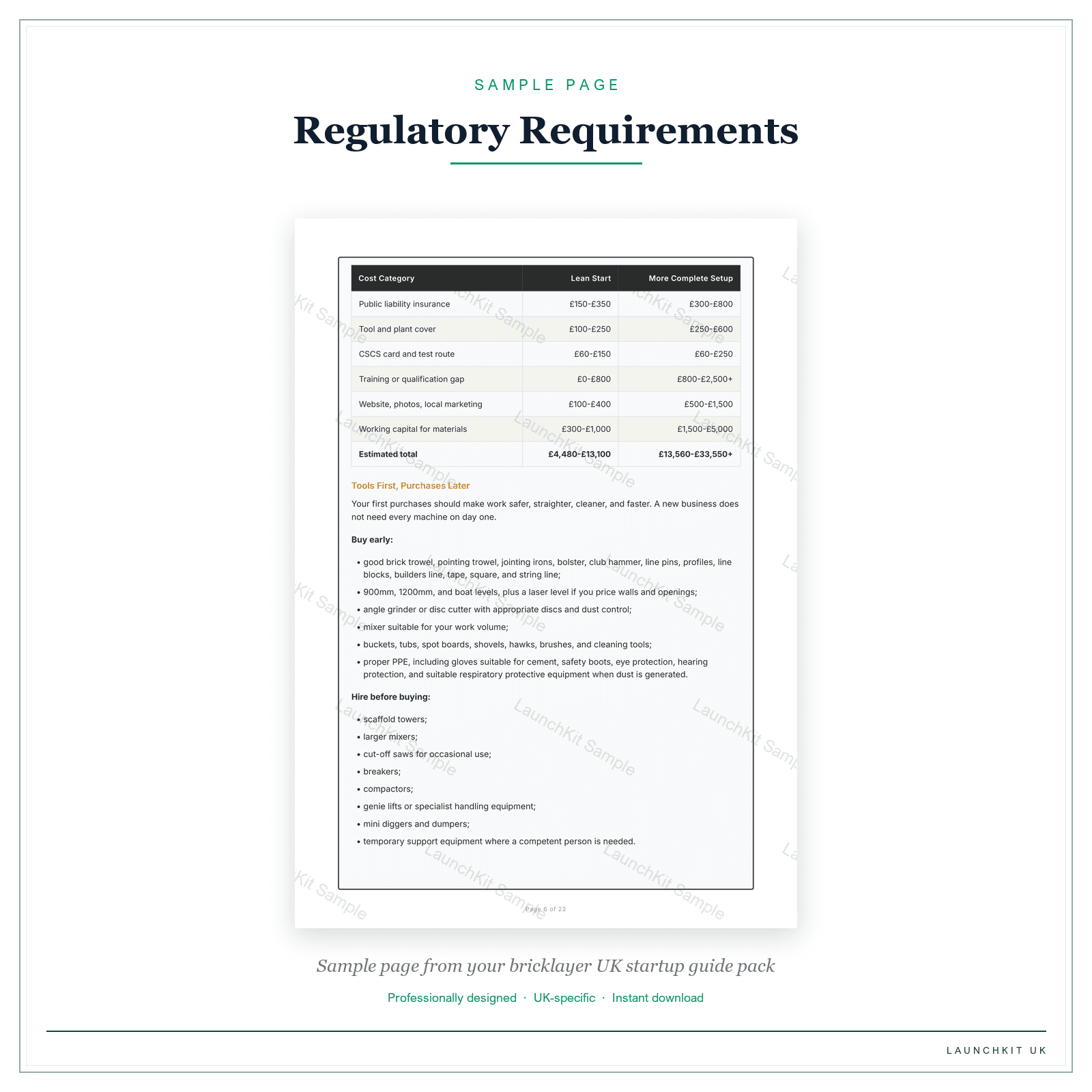 Regulatory Requirements sample page from the Bricklayer Startup Guide pack — watermarked LaunchKit Sample