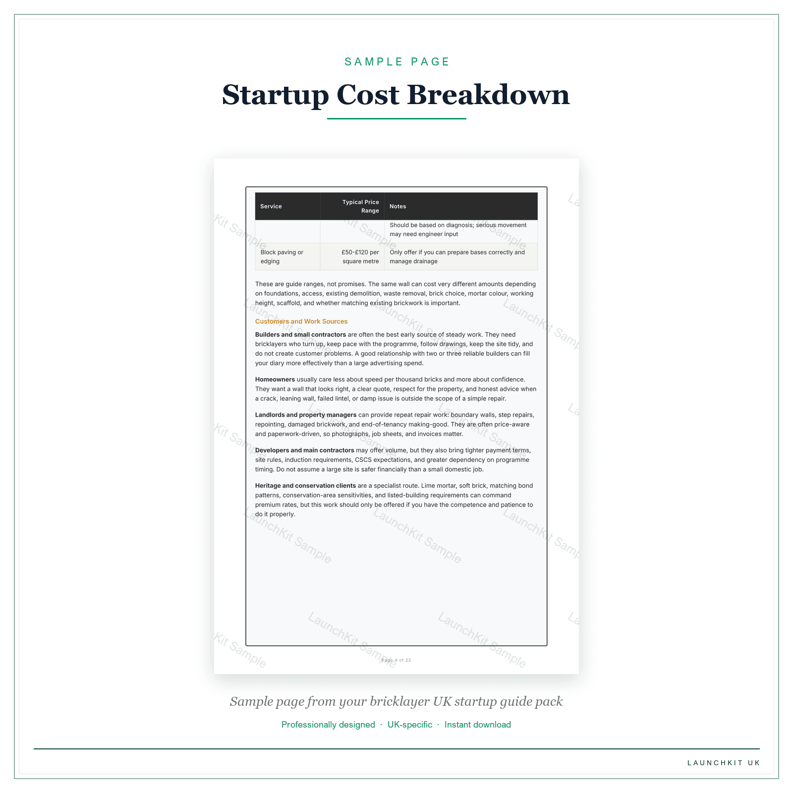 Startup Cost Breakdown sample page from the Bricklayer Startup Guide pack — watermarked LaunchKit Sample