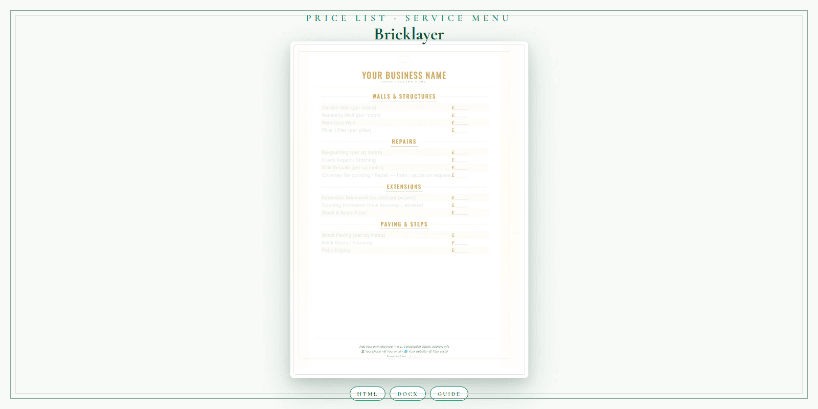 Bricklayer — Price List & Service Menu, PDF product overview