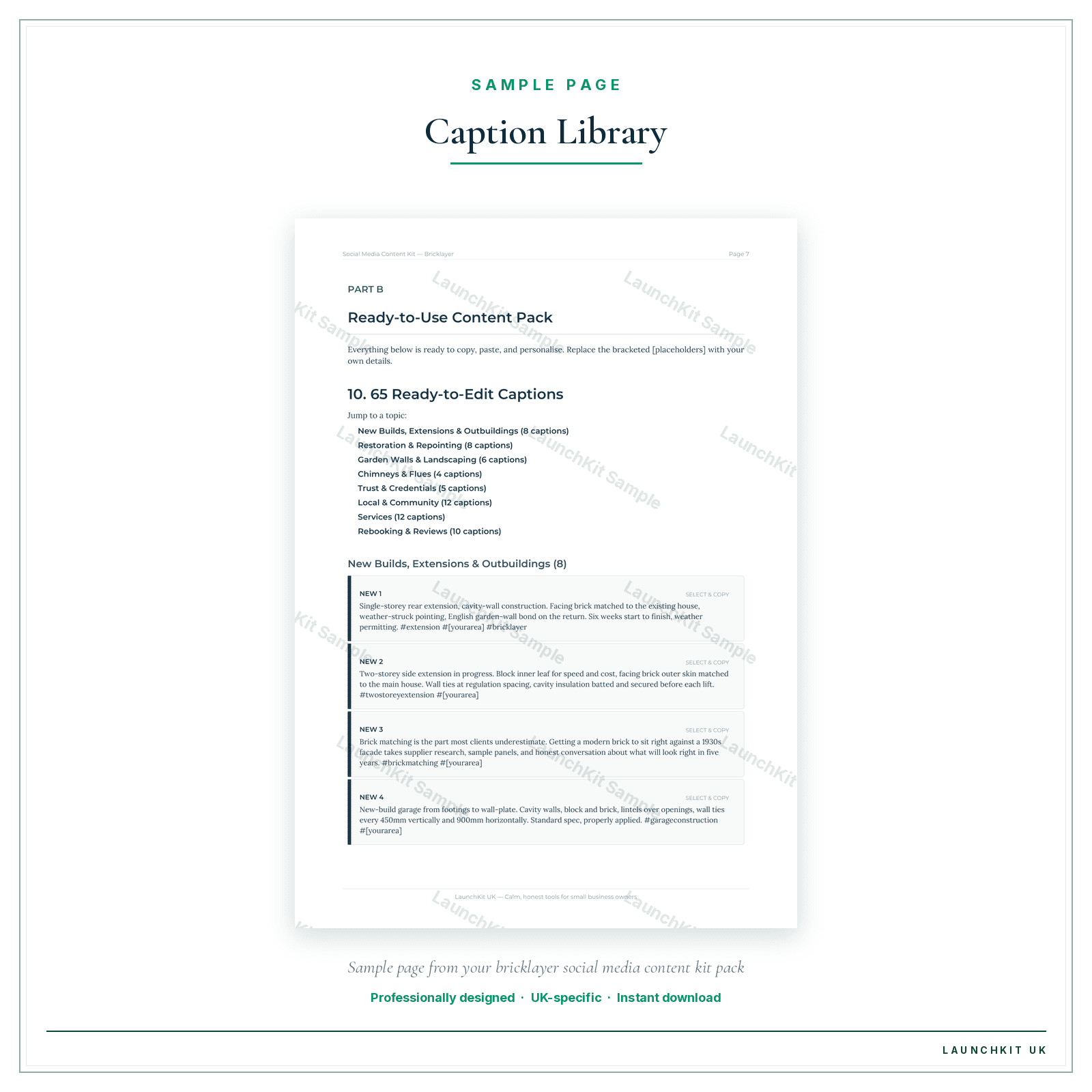 Caption Library sample page from the Bricklayer Social Media Content Kit pack — watermarked LaunchKit Sample