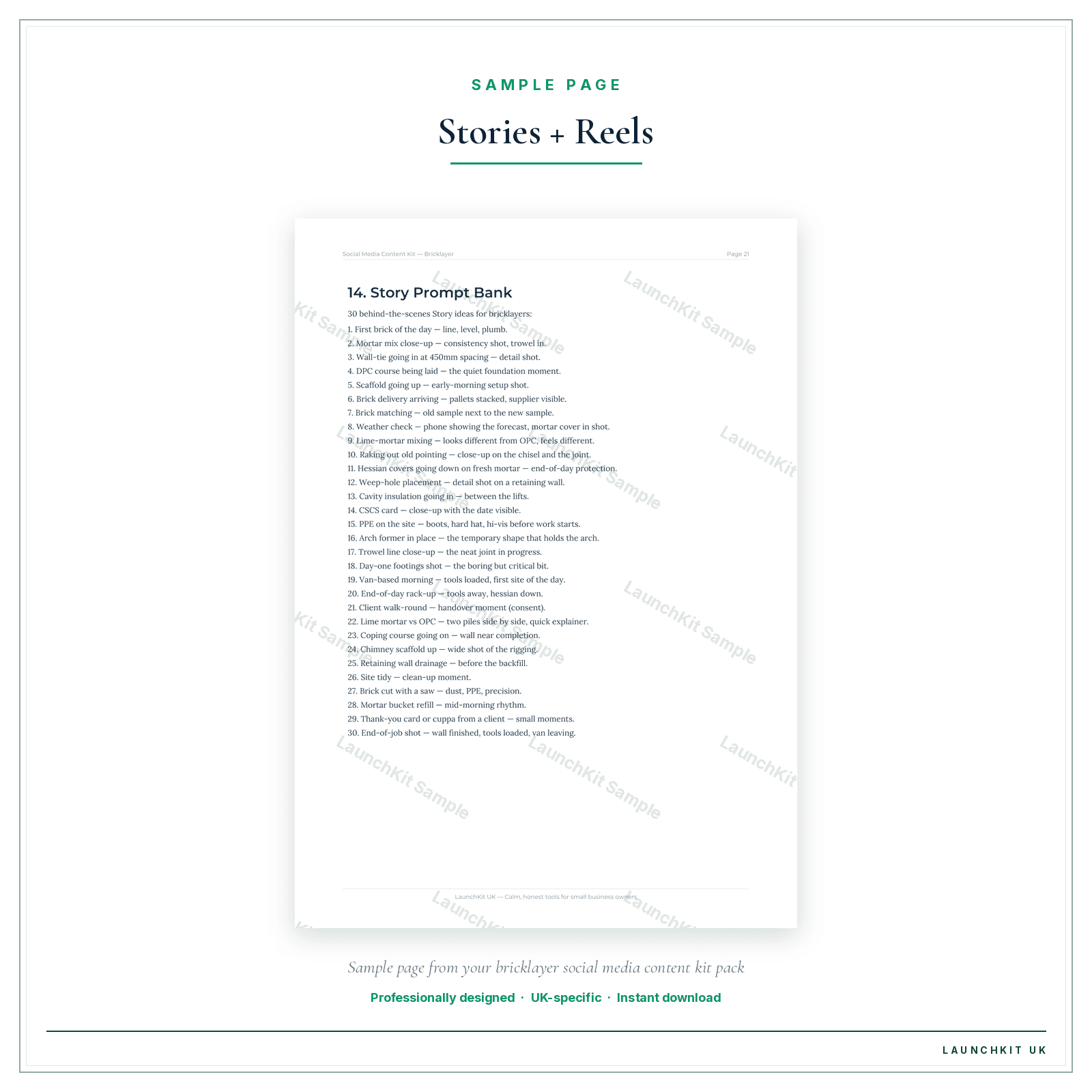 Stories + Reels sample page from the Bricklayer Social Media Content Kit pack — watermarked LaunchKit Sample