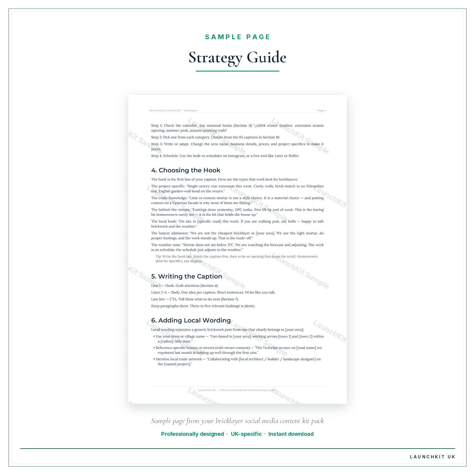Strategy Guide sample page from the Bricklayer Social Media Content Kit pack — watermarked LaunchKit Sample