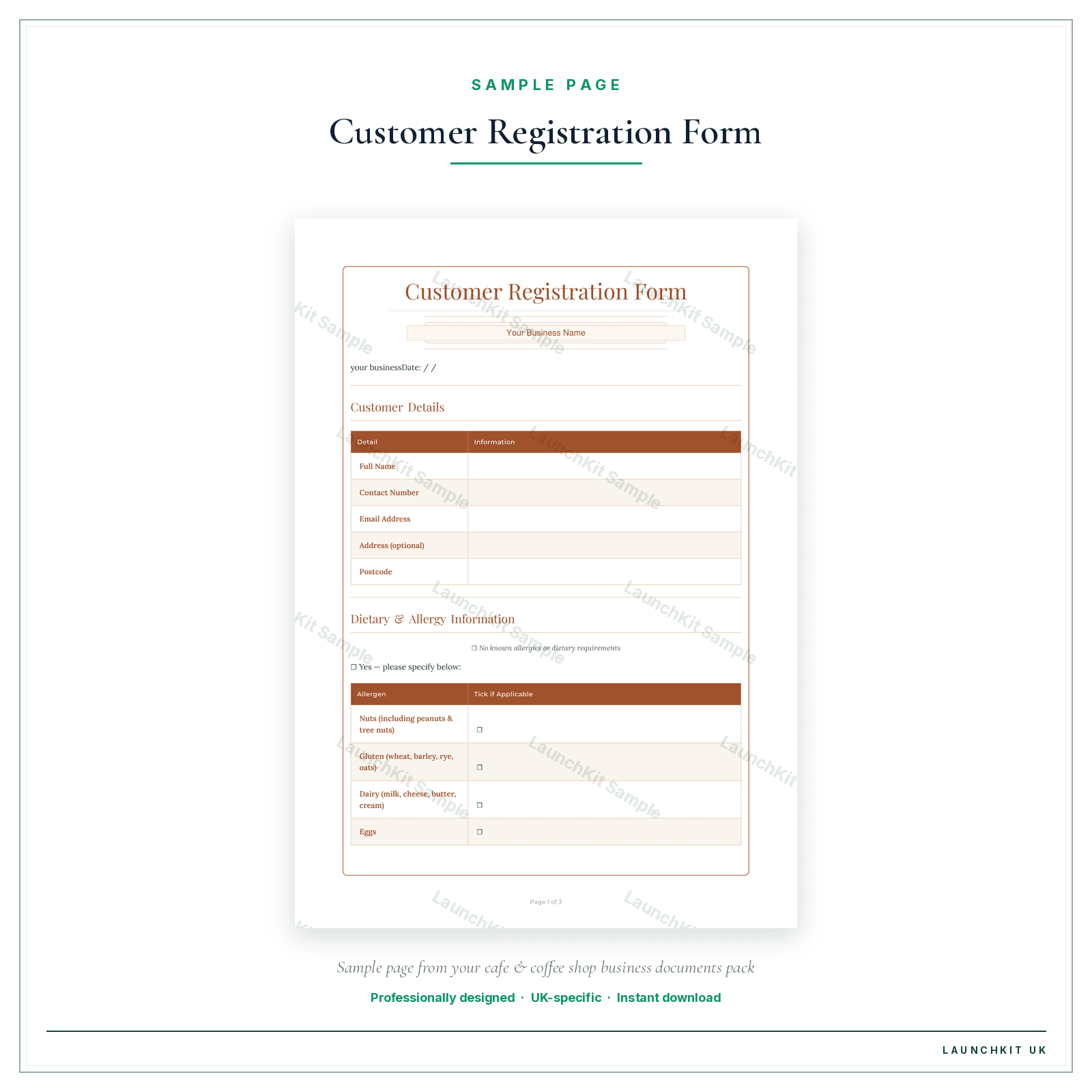 Customer Registration Form sample page from the Cafe Coffee Shop Business Documents — Premium pack — watermarked LaunchKit Sample