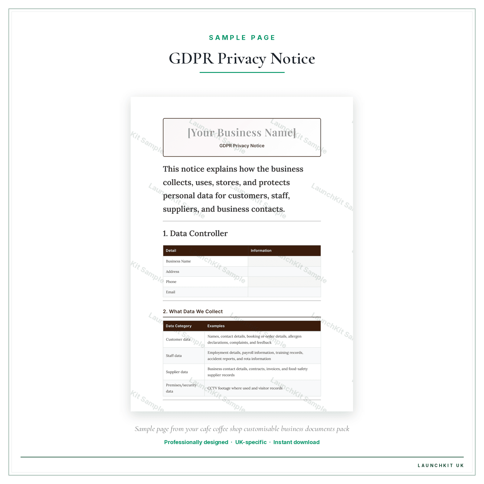 Tel: |-------------|---------------|---------| 4. Data Retention Periods sample page from the Cafe Coffee Shop Business Documents — Customisable pack — watermarked LaunchKit Sample