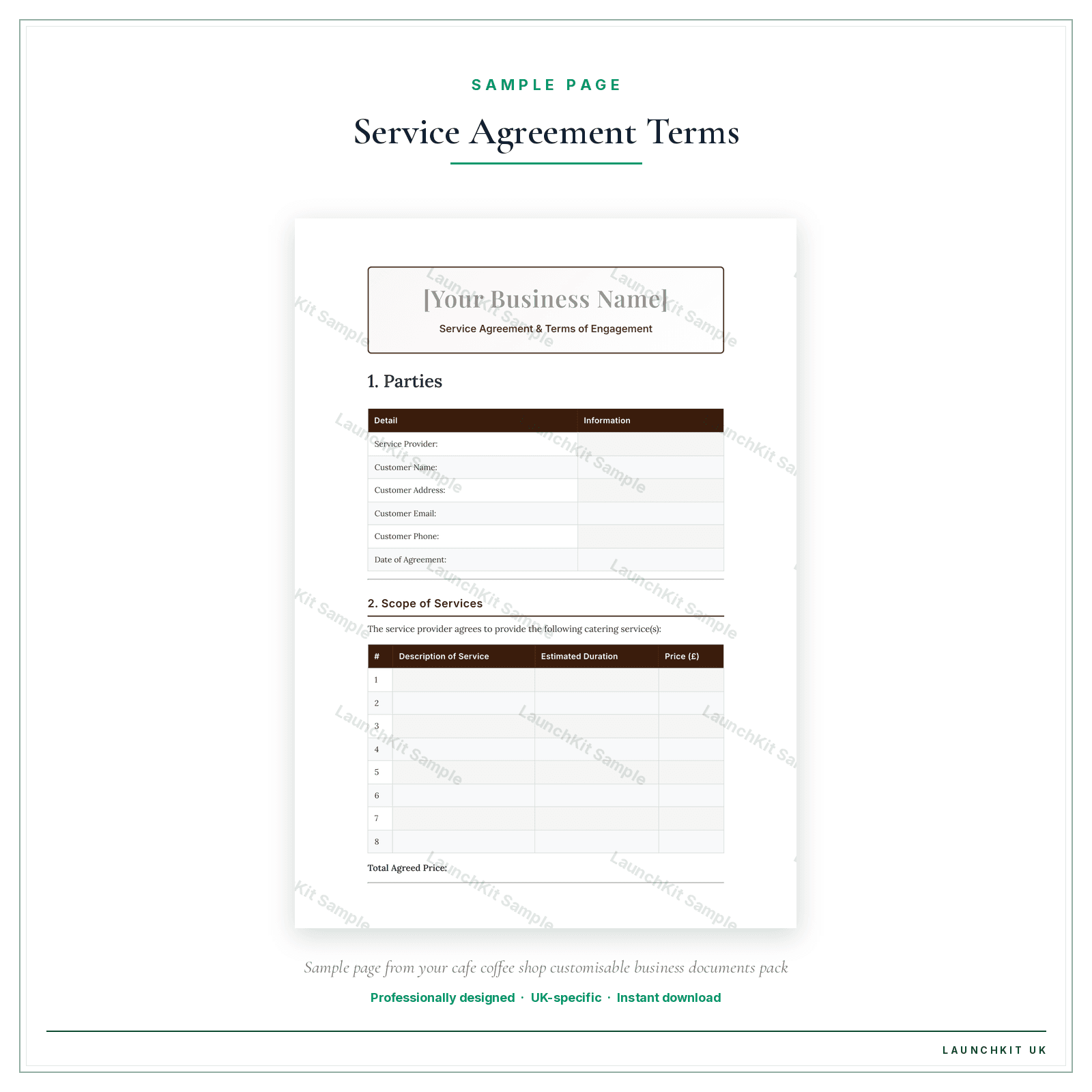 Service Agreement & Terms of Engagement sample page from the Cafe Coffee Shop Business Documents — Customisable pack — watermarked LaunchKit Sample