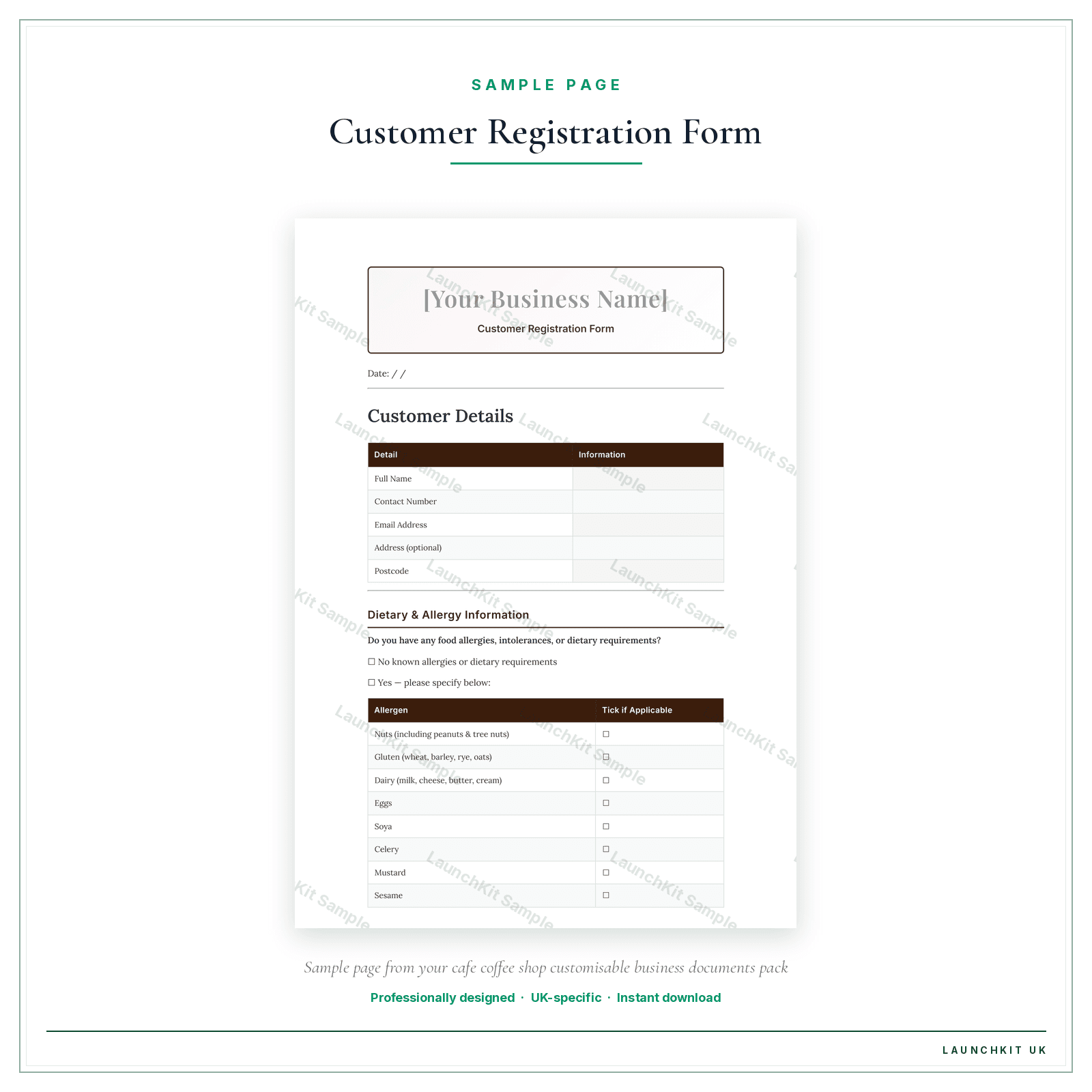 Customer Registration Form sample page from the Cafe Coffee Shop Business Documents — Customisable pack — watermarked LaunchKit Sample