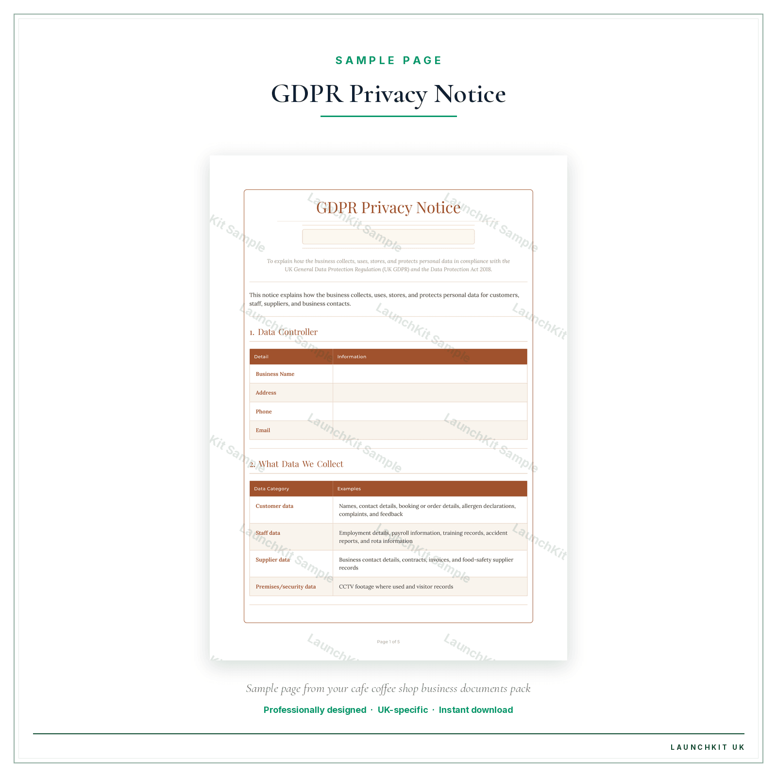 Tel: |-------------|---------------|---------| 4. Data Retention Periods sample page from the Cafe Coffee Shop Business Documents — Essential pack — watermarked LaunchKit Sample