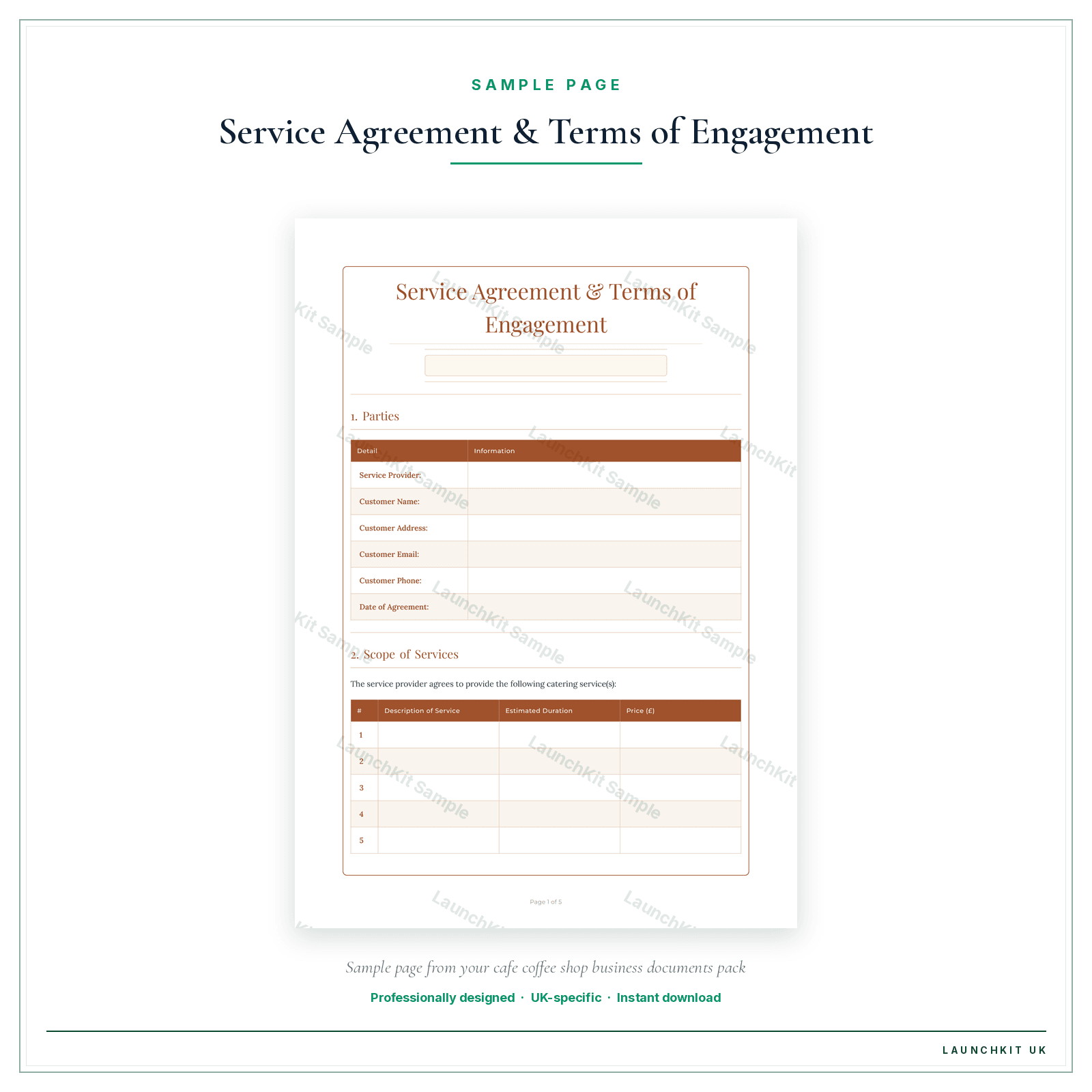 Service Agreement & Terms of Engagement sample page from the Cafe Coffee Shop Business Documents — Essential pack — watermarked LaunchKit Sample